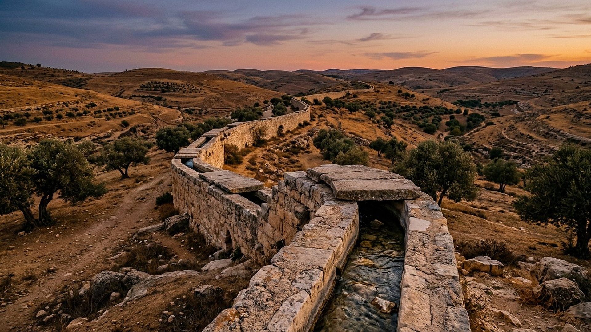 Aqueduc antique bas en maçonnerie serpentant dans les collines arides de Judée au crépuscule, canal d'eau couvert de dalles