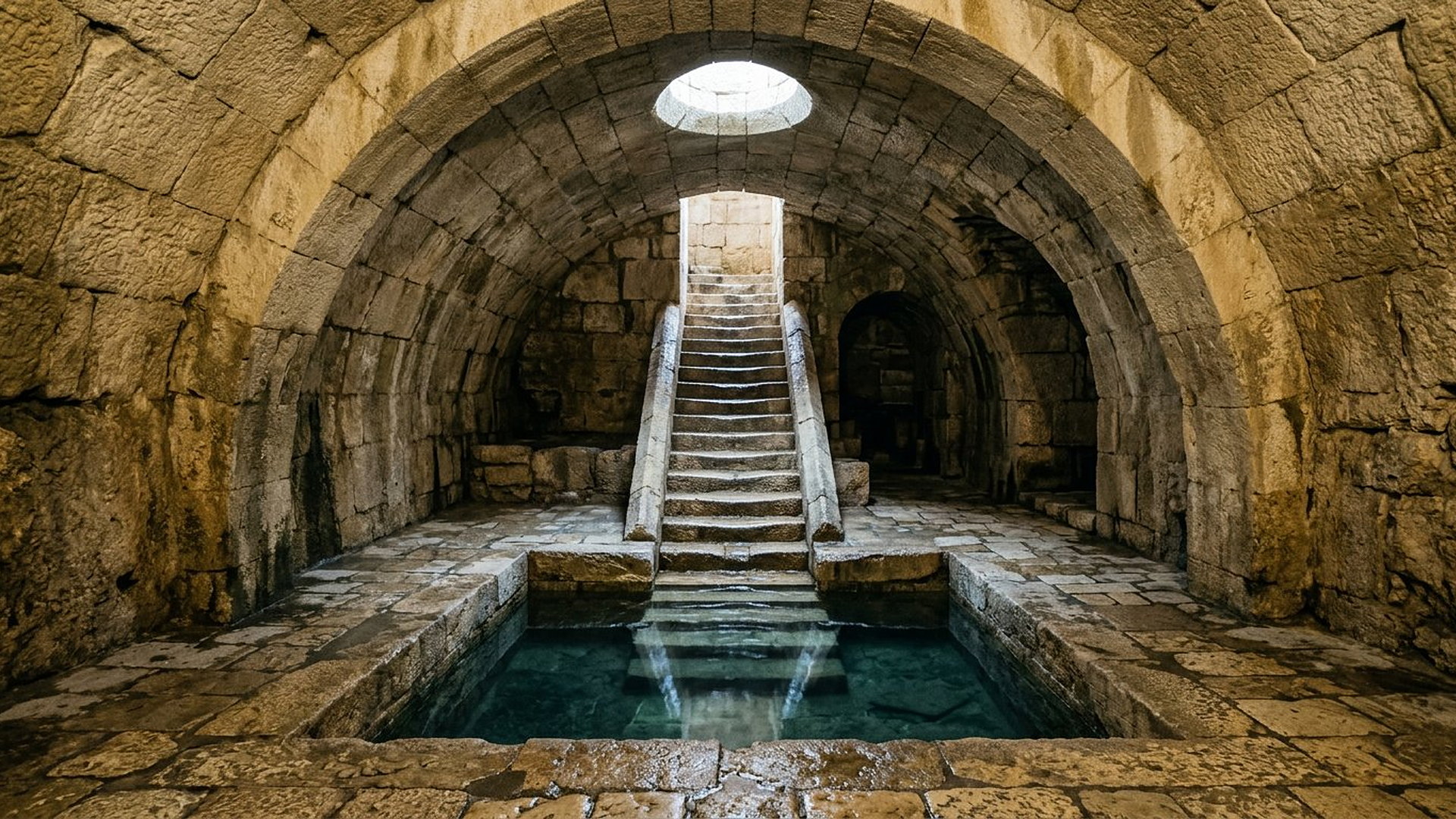 Bain rituel antique voûté en Pierre taillée, escalier descendant dans une eau claire sous un puits de lumière