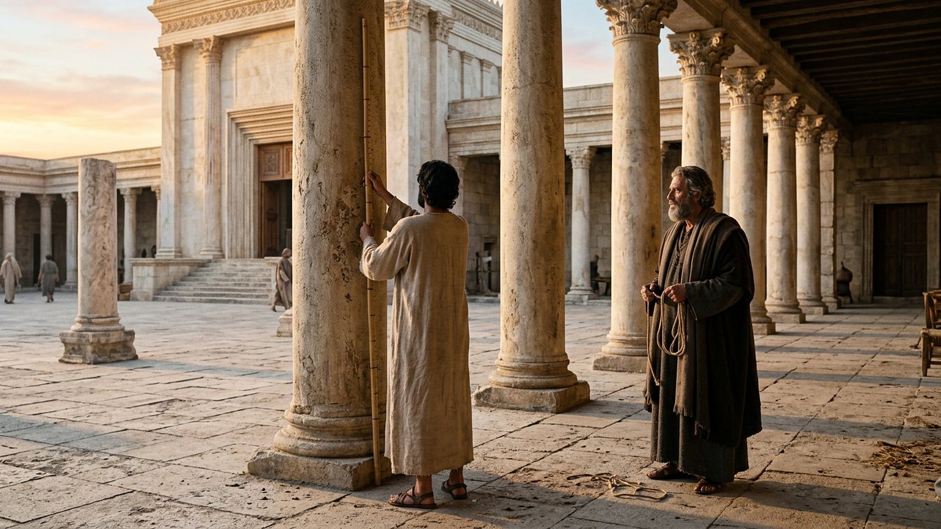 Un guide de dos en robe de lin tient une canne à mesurer contre un pilier de Pierre, un prophète barbu tenant un cordeau l'observe dans une cour de temple