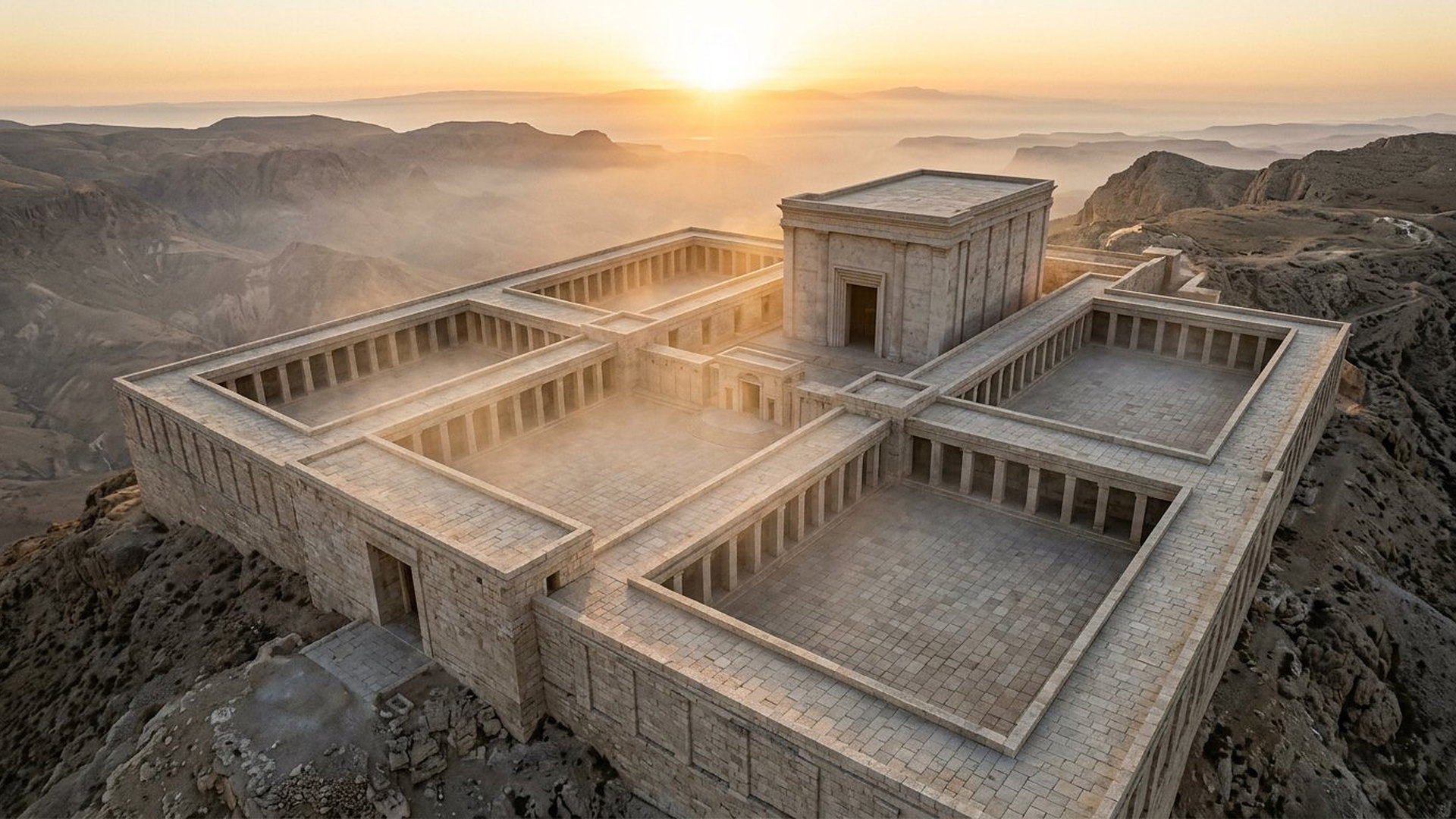 Zoom : temple à toit plat et cours carrées portiquées sur une montagne au lever du soleil