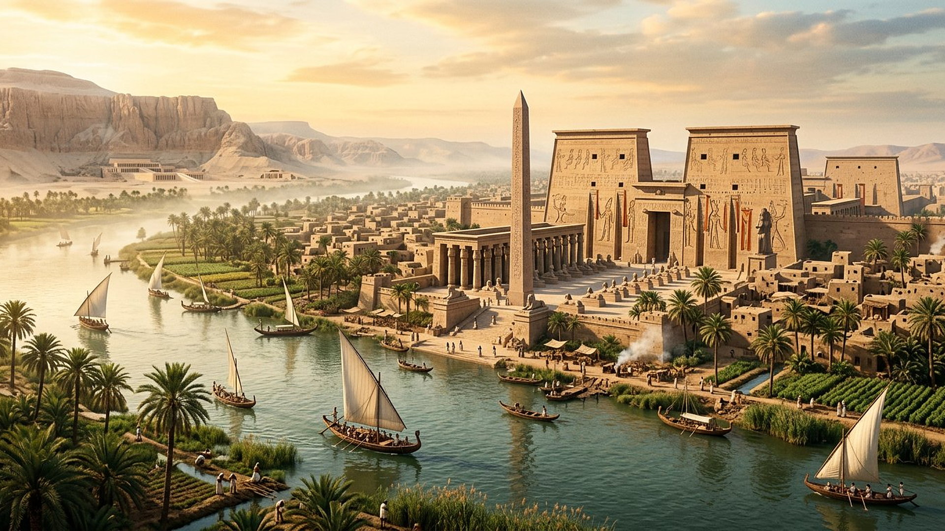 Grande ville de l'Égypte antique au bord du Nil à l'aube, pylônes de temple, obélisque et barques à voile