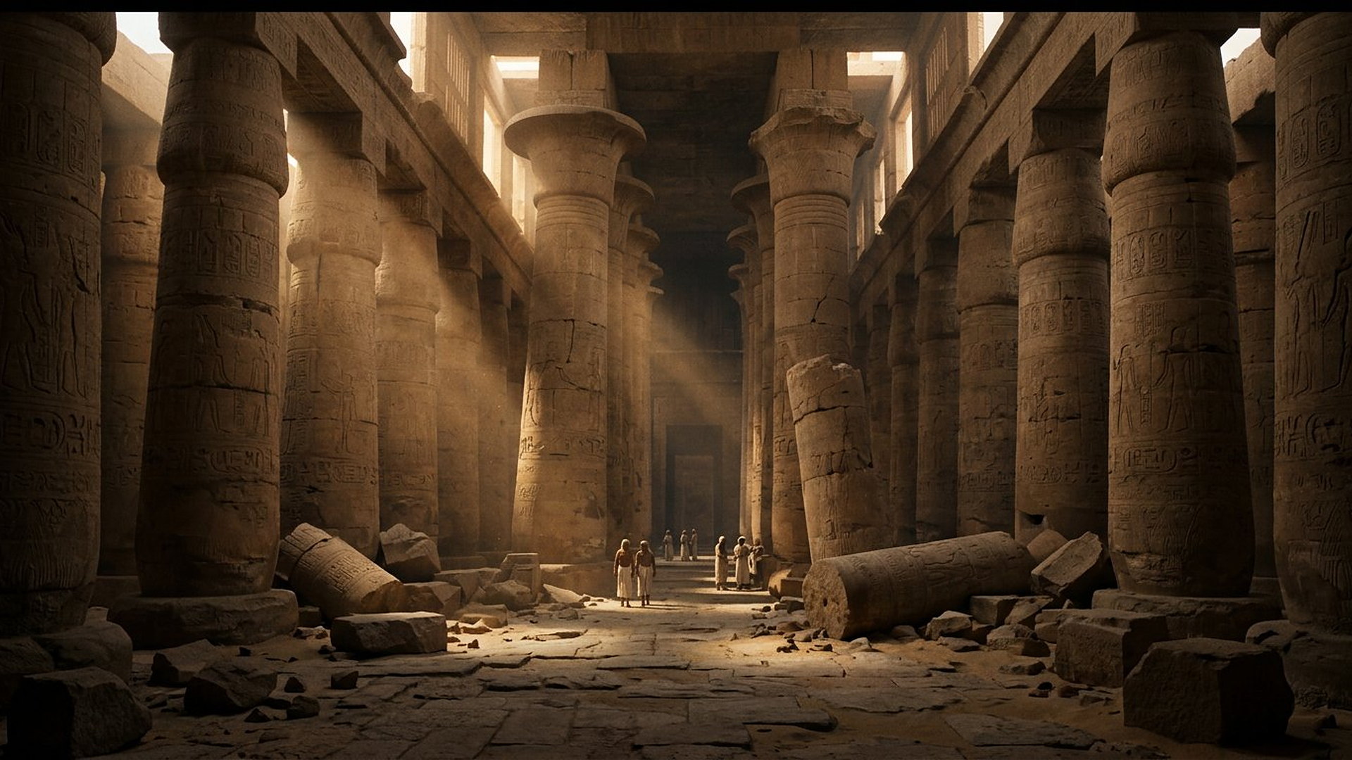 Salle hypostyle colossale de Thèbes avec des colonnes renversées et des blocs tombés dans la poussière dorée