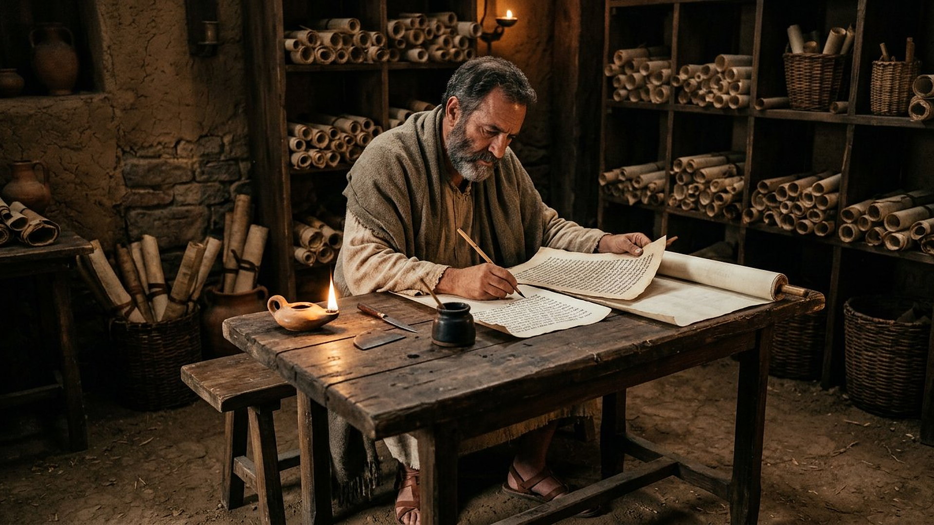 Scribe antique traduisant un rouleau à une table de bois parmi des étagères de rouleaux, à la lumière d'une lampe à huile
