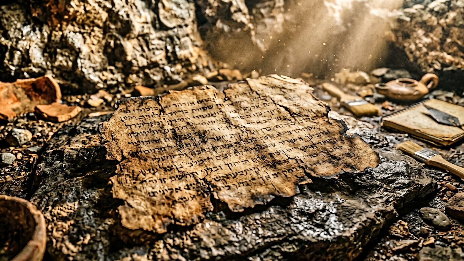 Fragment de parchemin ancien couvert d'écriture sémitique, éclairé par une raie de lumière dans une grotte