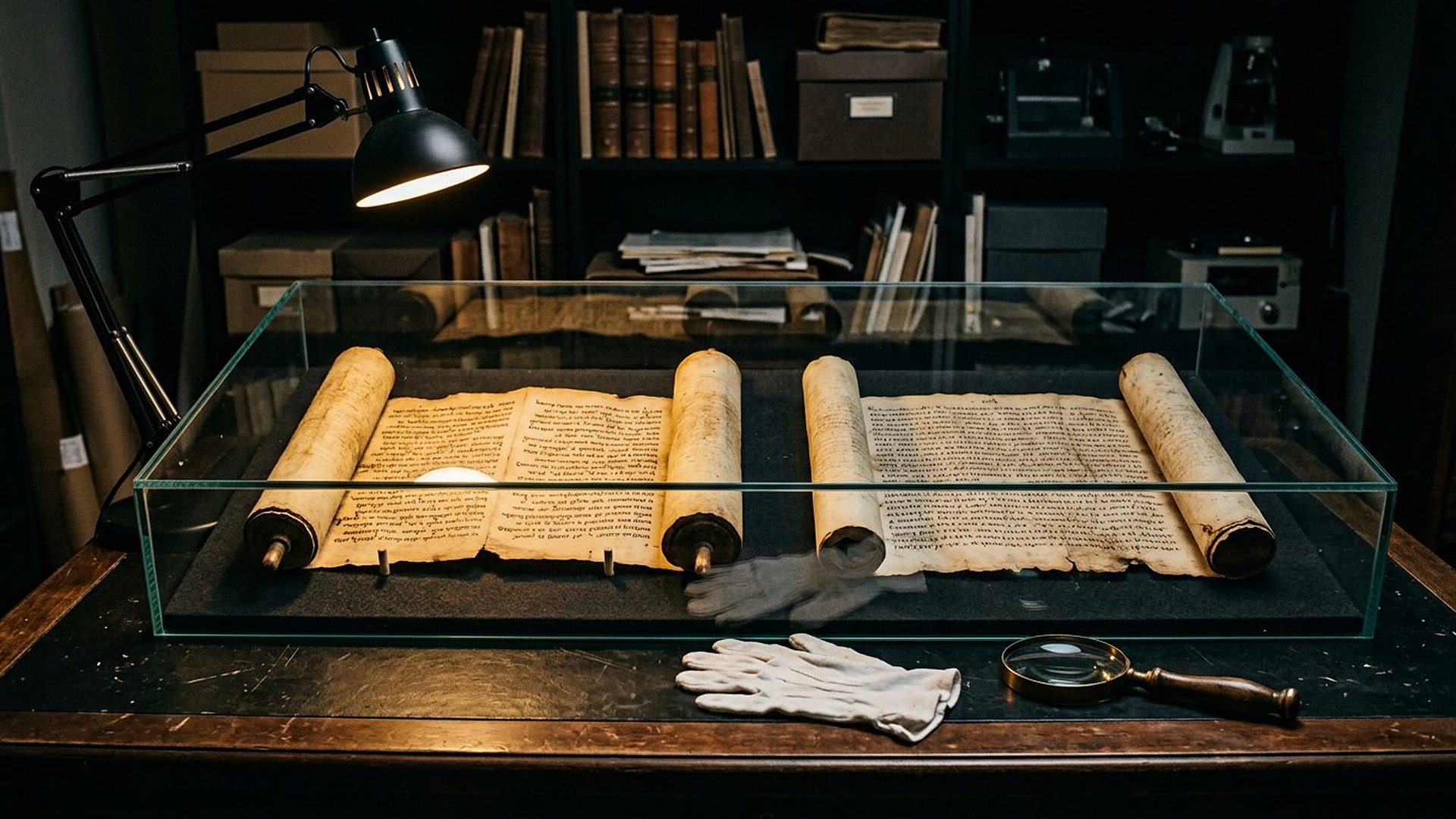 Deux rouleaux anciens ouverts côte à côte sous vitrine de laboratoire, lampe, gants et loupe d'archéologue