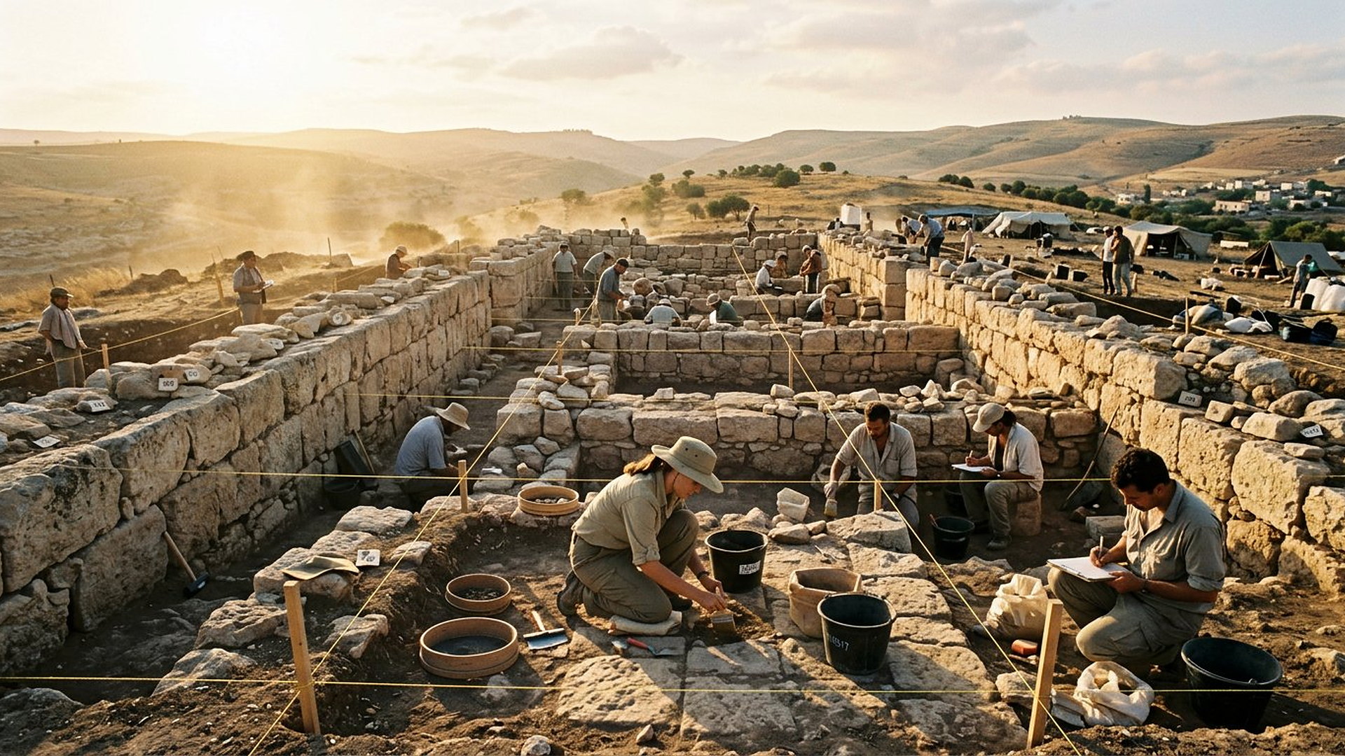 Chantier de fouilles avec de longs murs de Pierre antiques et des archéologues au travail dans les carrés, au matin