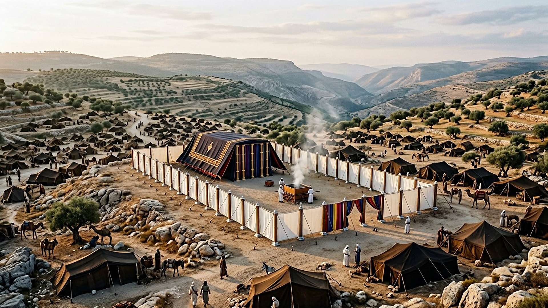 Cour de lin blanc et tente sanctuaire sur un plateau des collines d'Éphraïm, campement ancien autour, au matin