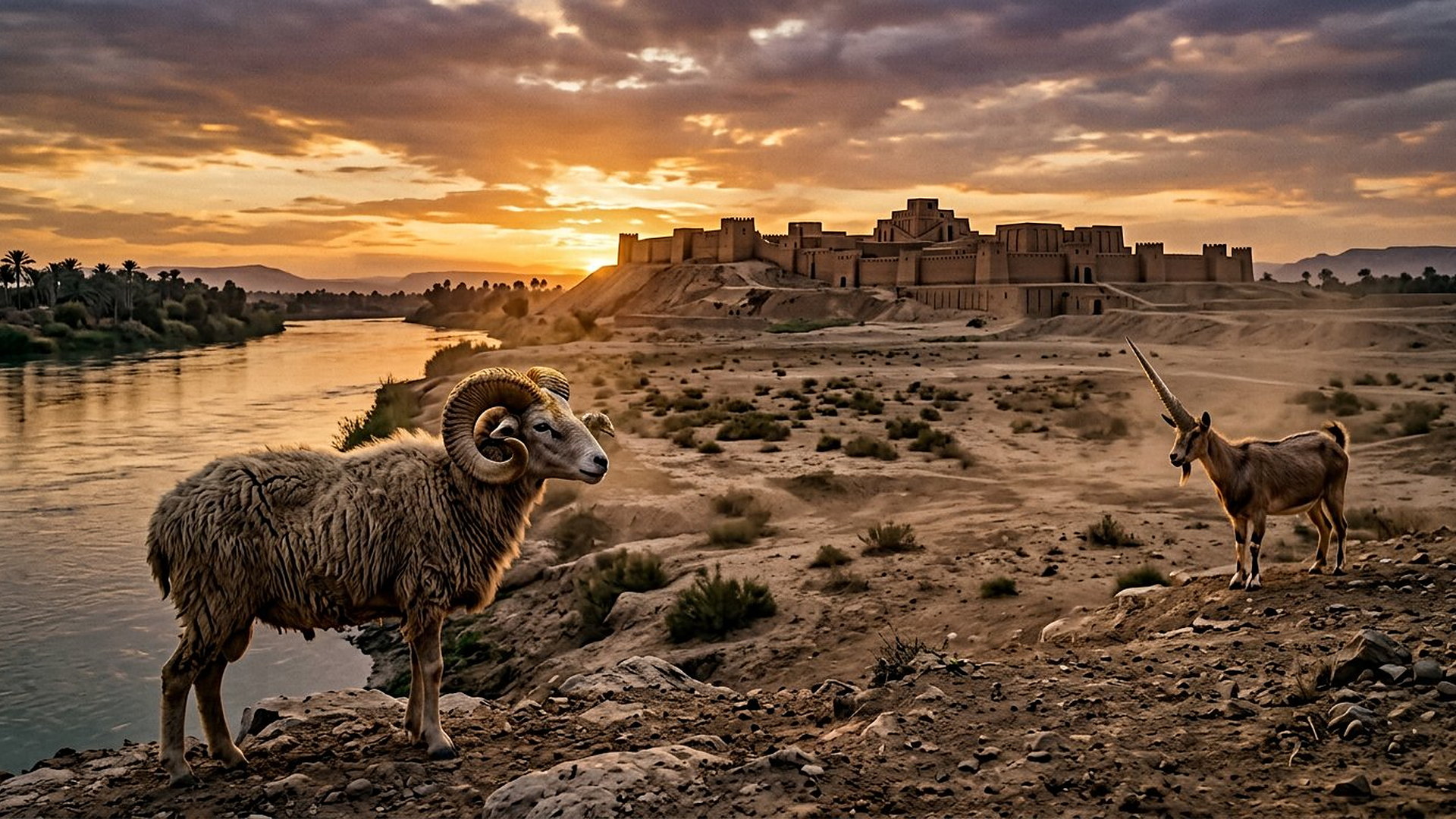 Bélier à deux cornes et bouc à une grande corne se faisant face au bord d'un fleuve d'Élam, citadelle de Suse au loin, au crépuscule