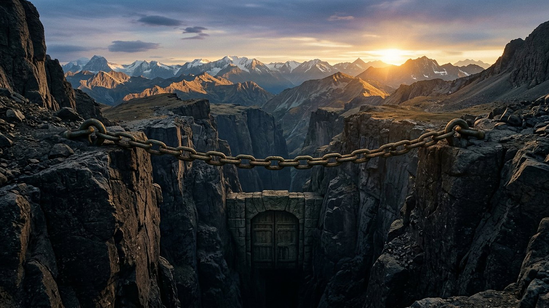 Abîme rocheux fermé par une énorme chaîne ancienne et une porte de Pierre scellée, au lever du soleil