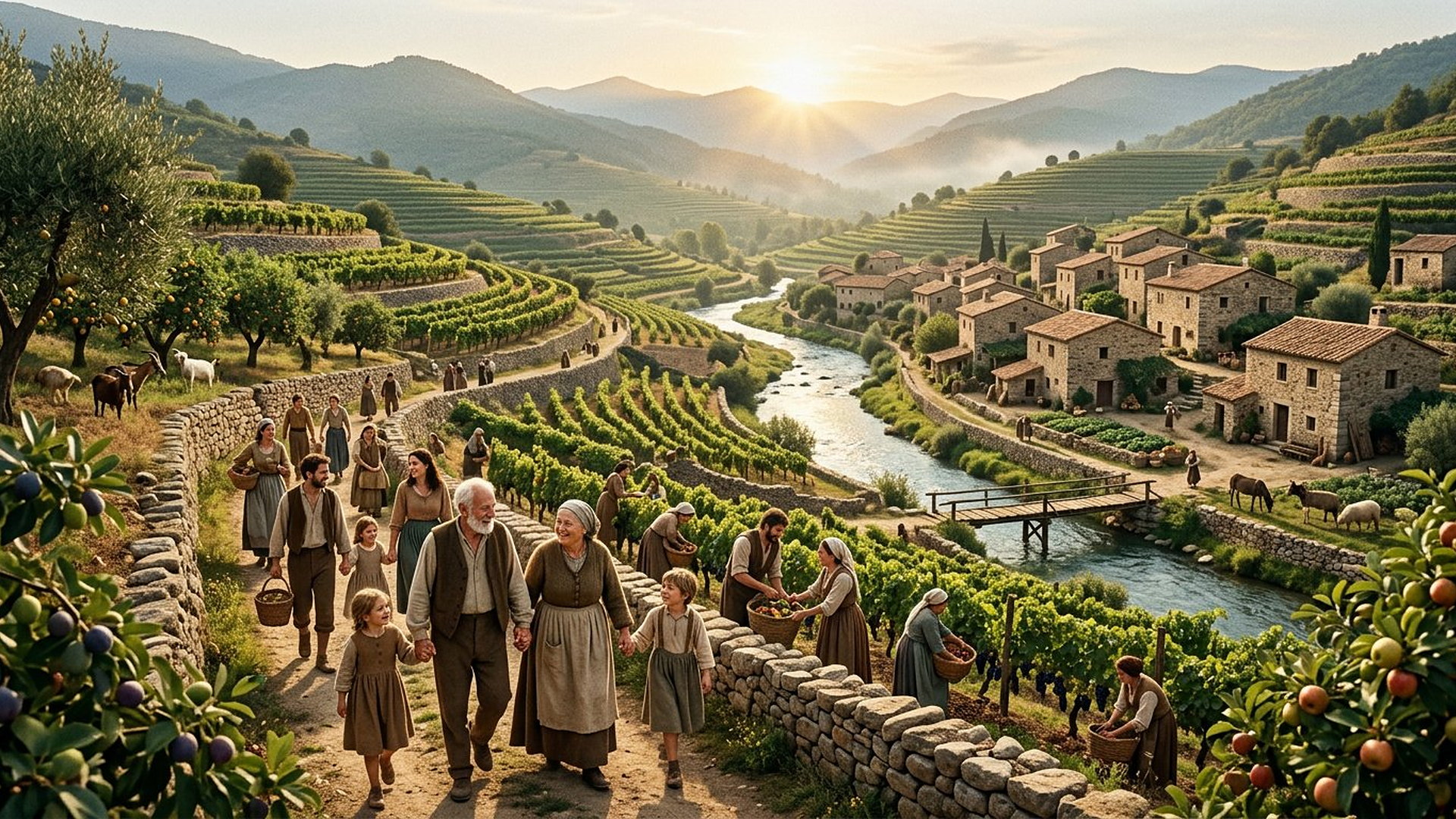 Familles de plusieurs générations travaillant joyeusement dans des vignes en terrasses, au bord d’une rivière, sous le soleil du matin