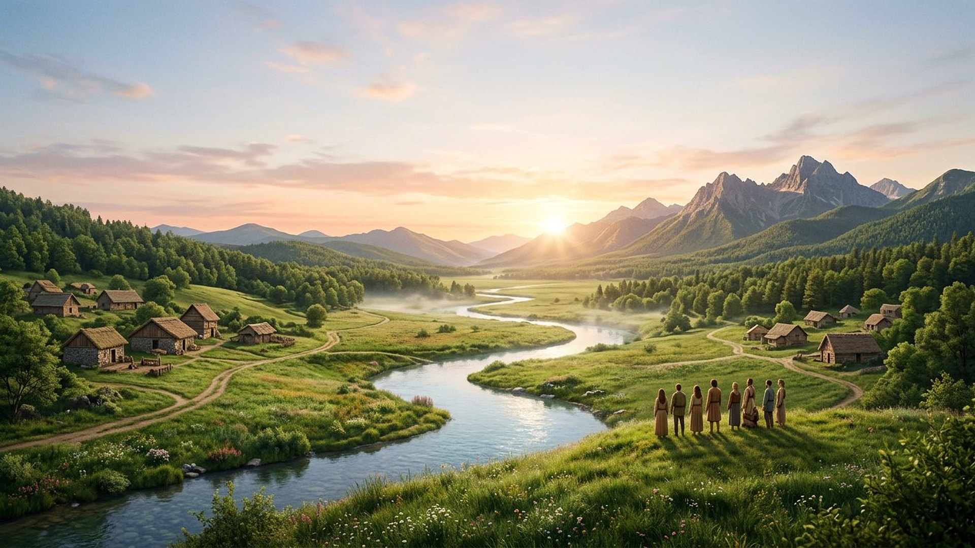 Vallée verdoyante traversée par une rivière claire, villages ouverts sans murailles, personnes regardant le lever du soleil