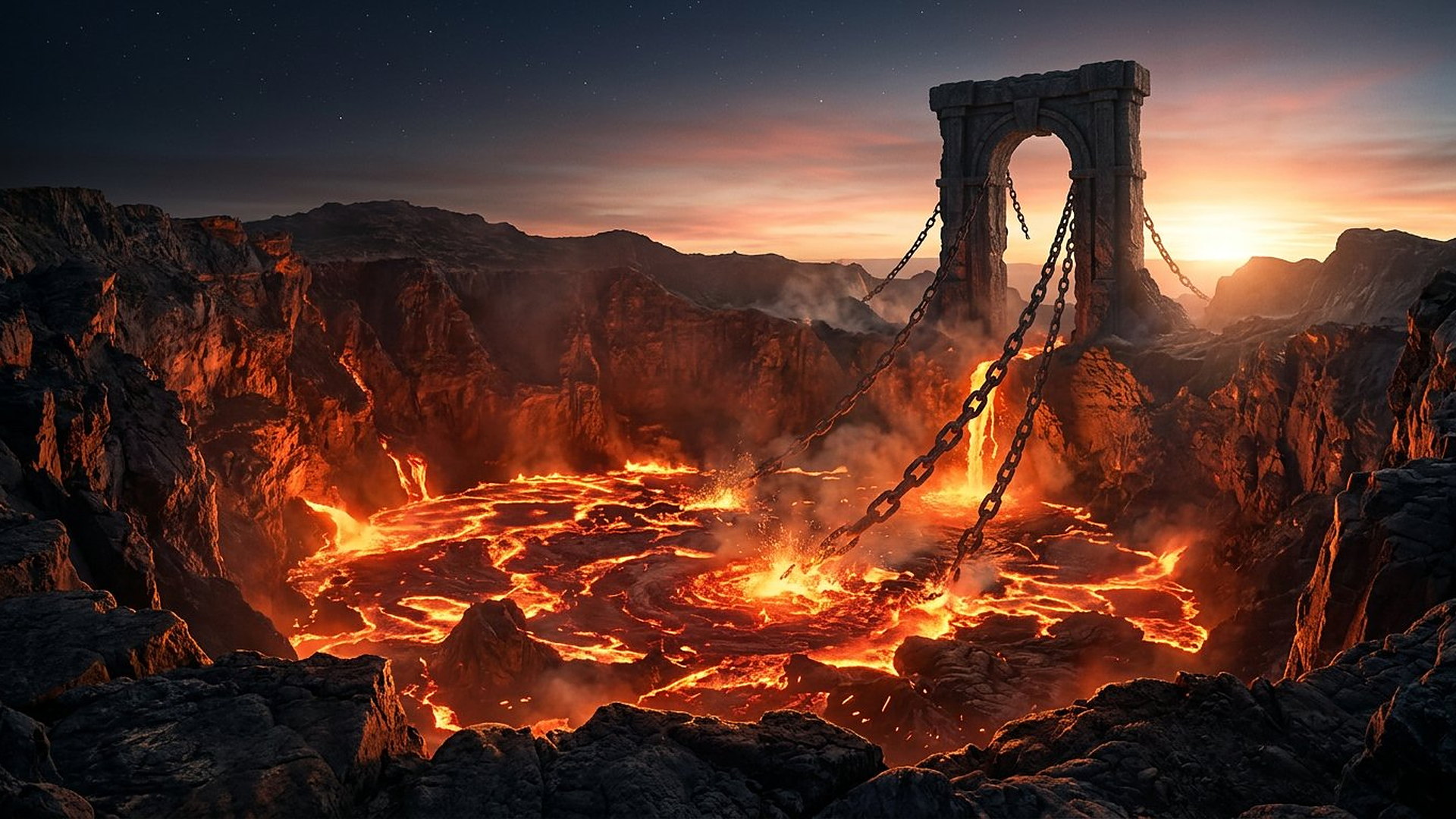 Lac de lave dans un cratère sombre, porte de Pierre et chaînes brisées au bord, aube claire à l’horizon