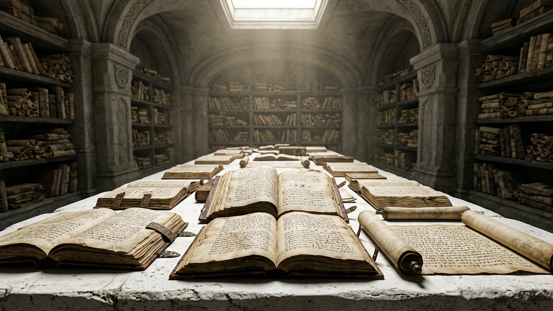 Livres anciens et rouleaux ouverts sur une longue table de Pierre dans une salle d’archives lumineuse