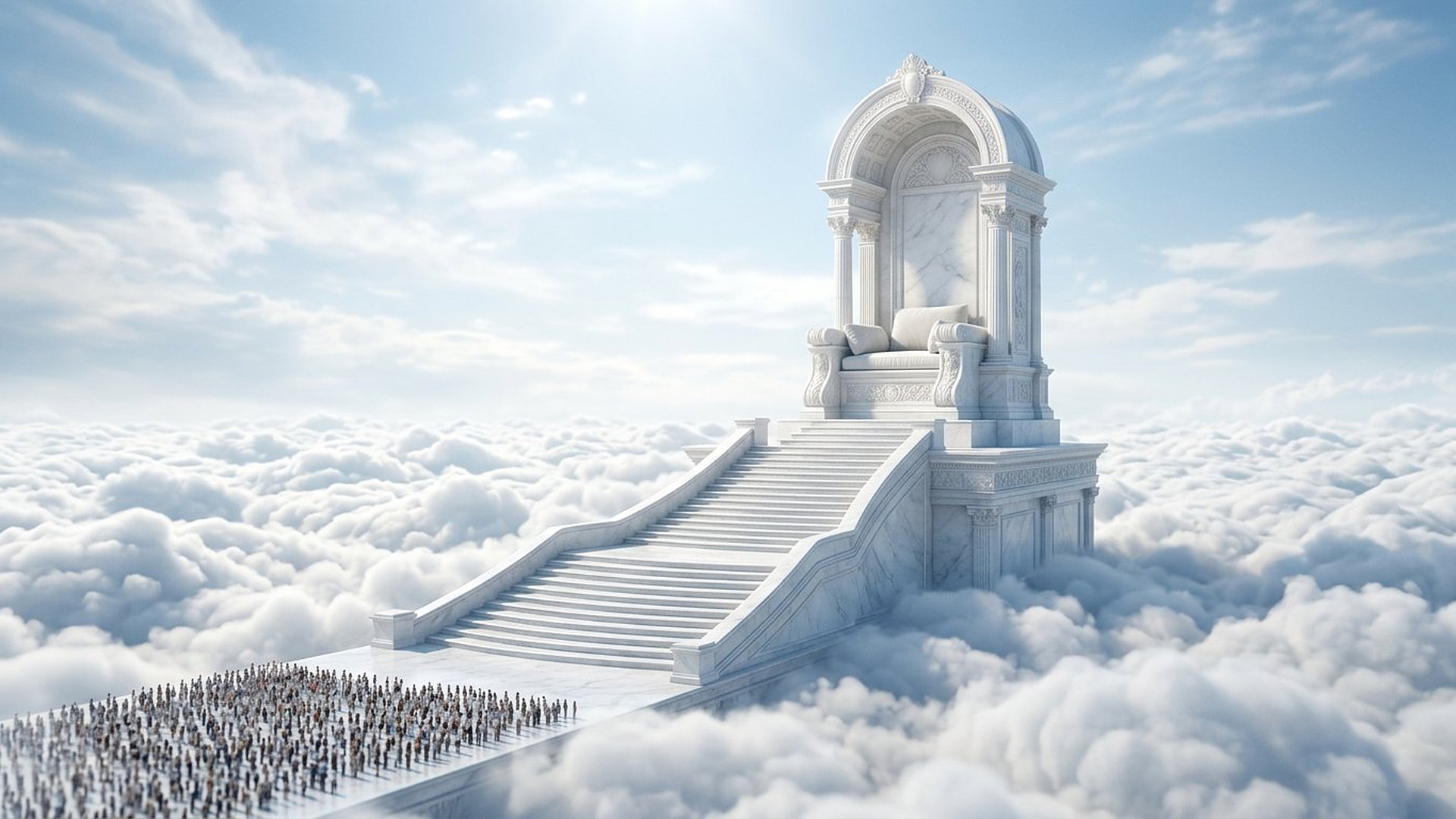Immense trône blanc vide au-dessus des nuages, foule humaine minuscule au pied des marches