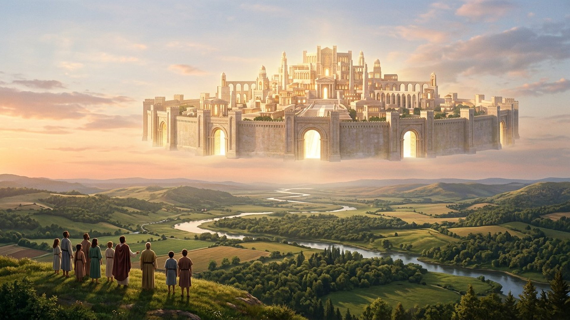 Ville céleste lumineuse descendant au-dessus d’une terre verdoyante, habitants regardant depuis une colline