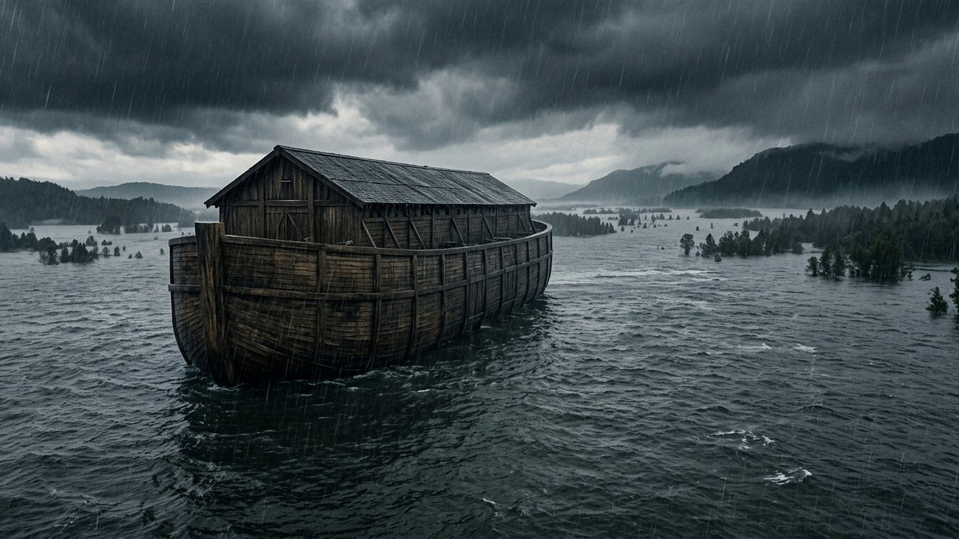 Arche fermée flottant sous la pluie sur une immense étendue d’eau sombre