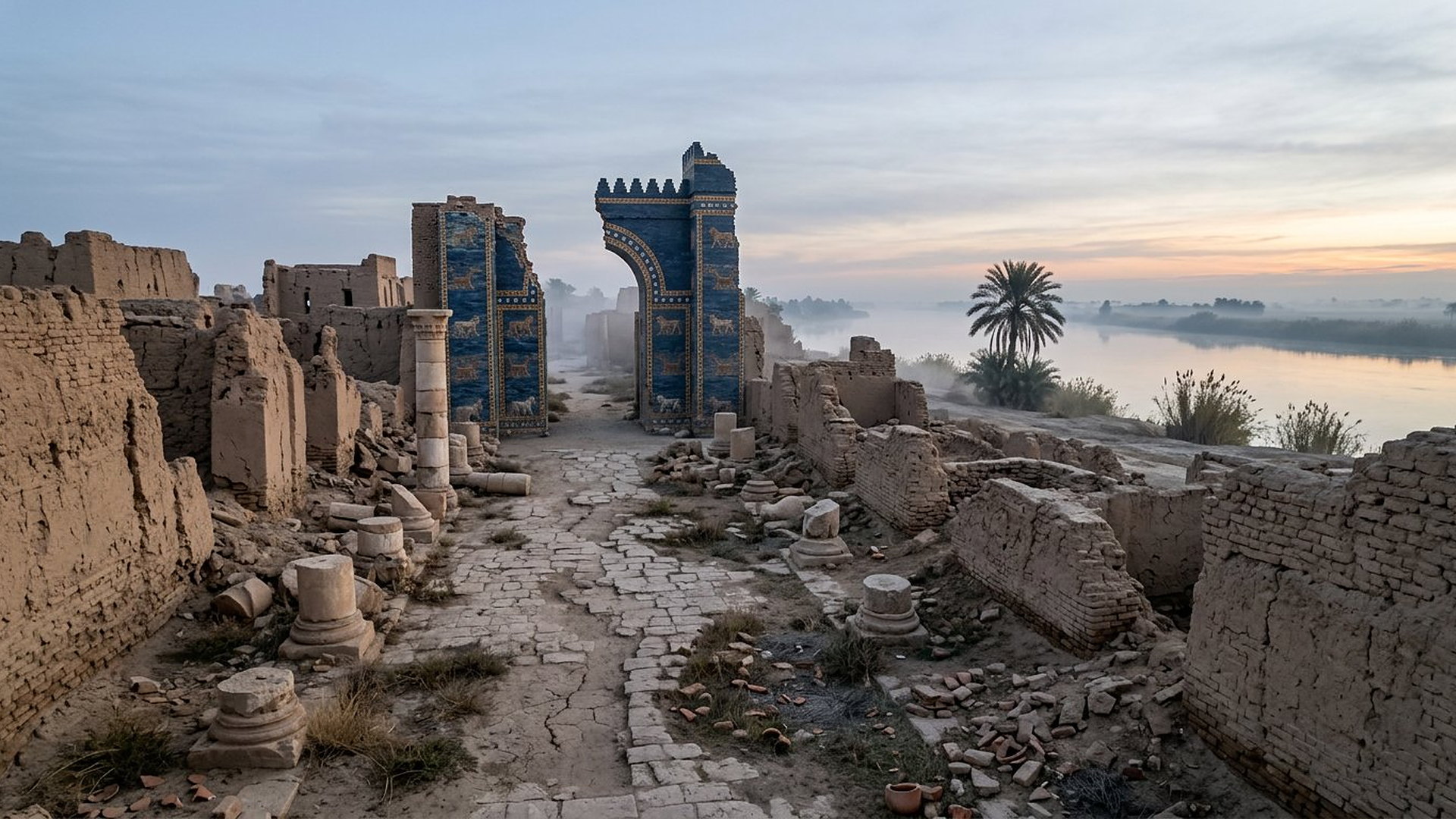 Ruines silencieuses d’une grande ville mésopotamienne à l’aube : rue pavée vide, fragment de porte bleue, Euphrate dans la brume
