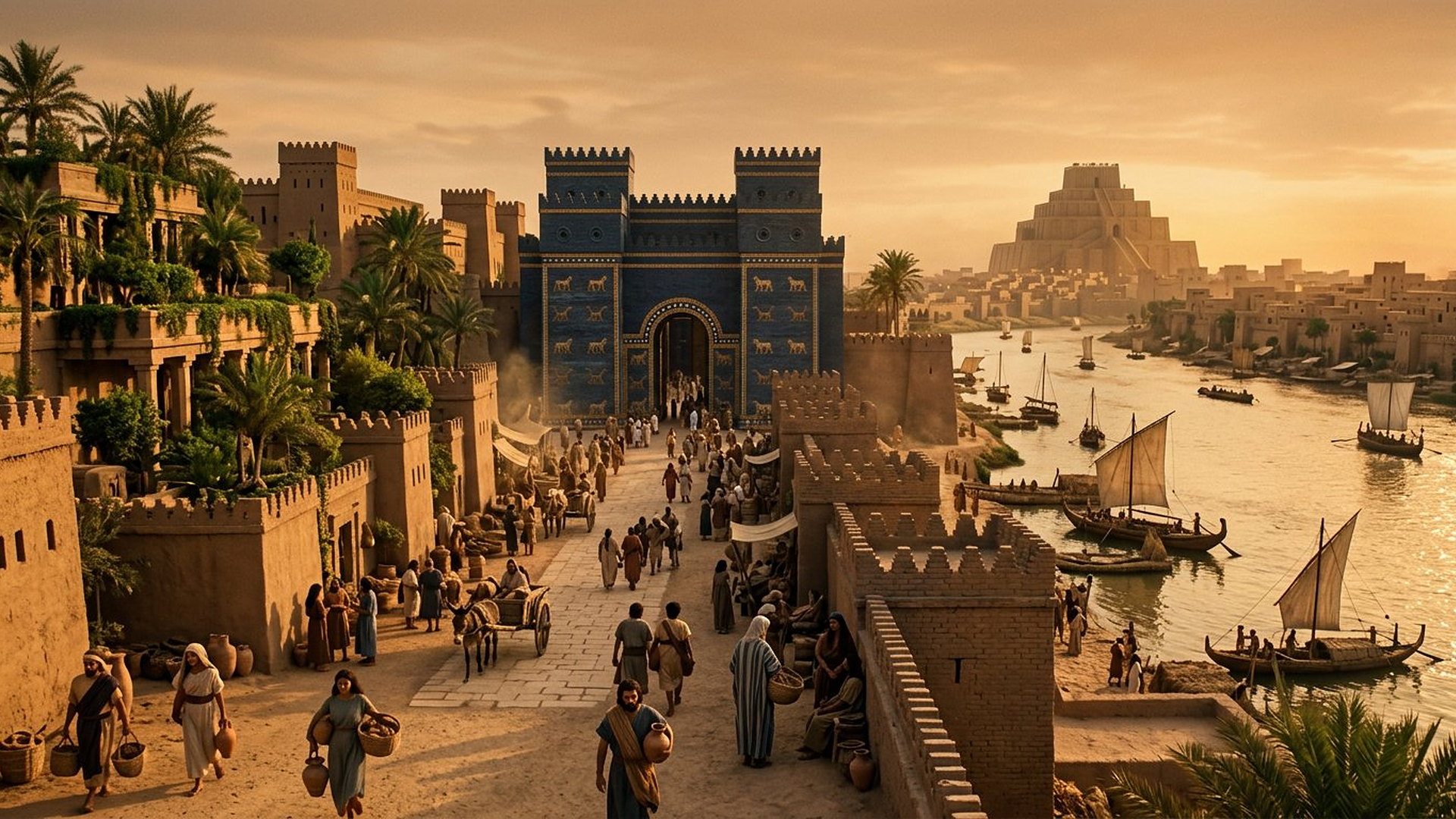 Babylone antique au crépuscule : porte bleue émaillée, voie processionnelle animée, Euphrate et bateaux, ziggurat au loin