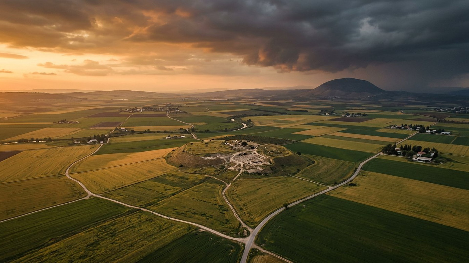 Plaine de Jizréel au crépuscule : champs verts et dorés, colline de Megiddo au centre, mont Thabor sous un ciel d’orage