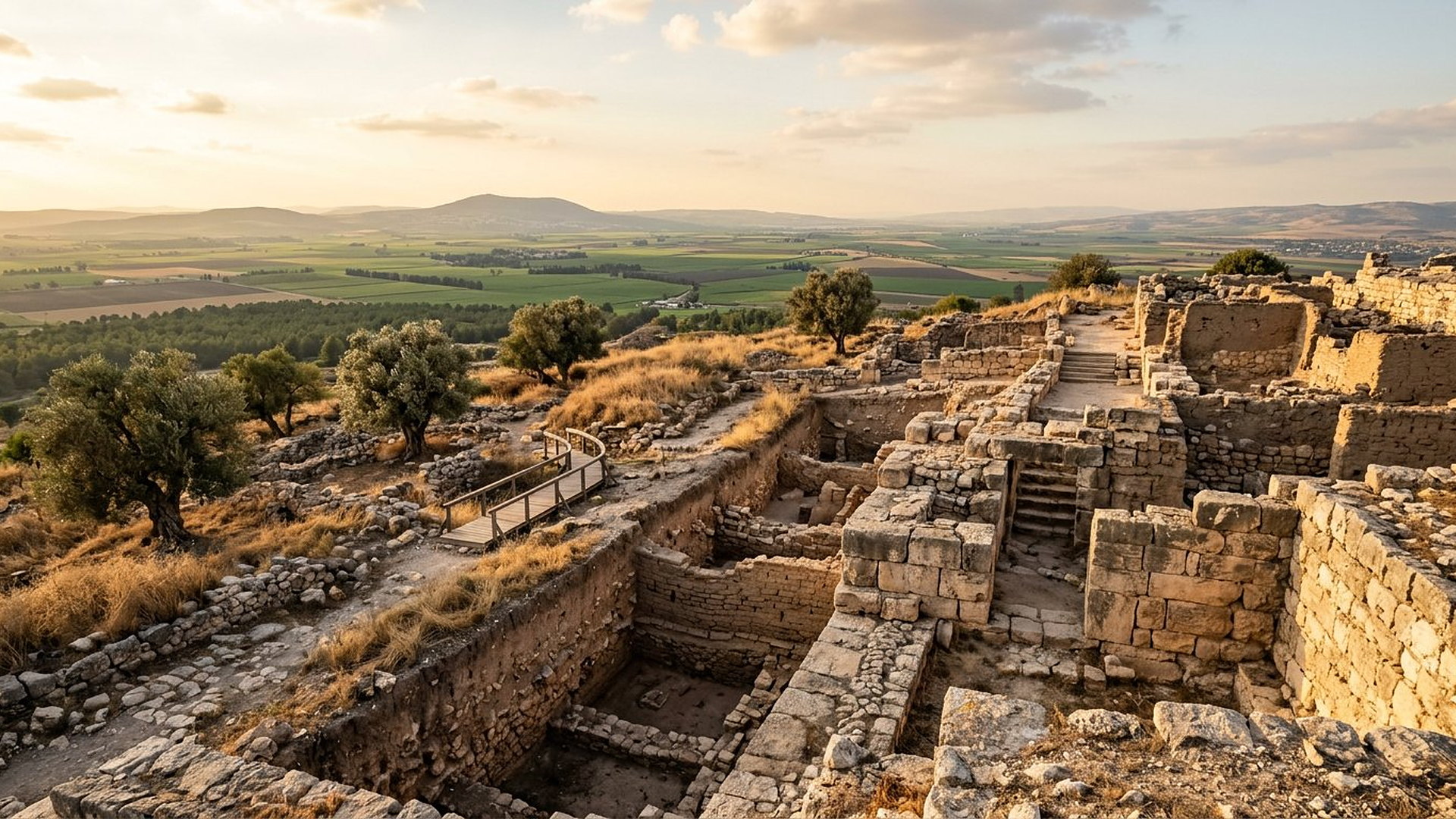 Ruines de Tel Megiddo en fin d’après-midi : portes et murs de Pierre dégagés, plaine de Jizréel en contrebas