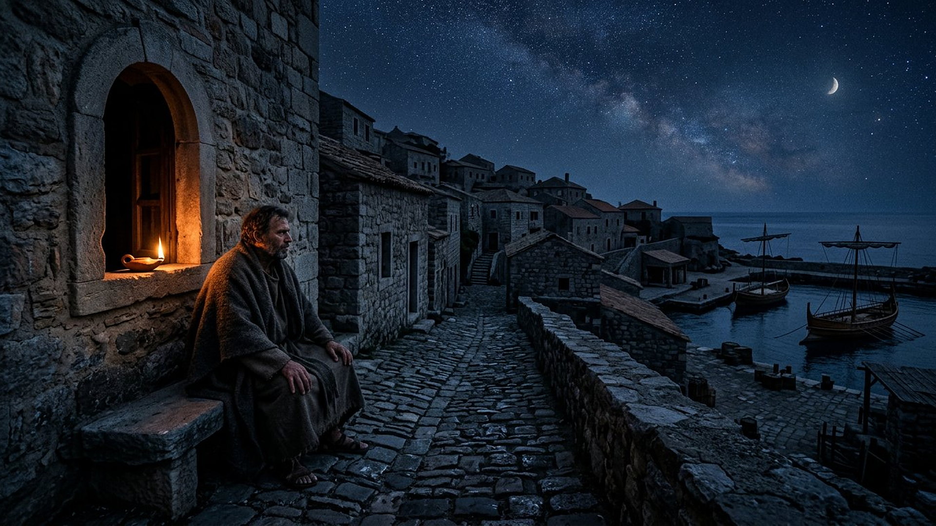 Veilleur assis près d’une lampe à huile dans une ruelle de Pierre endormie, port antique sous les étoiles