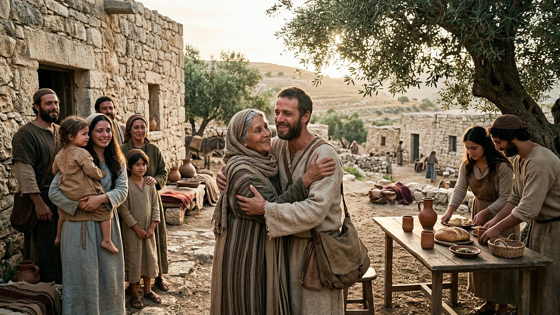 Retrouvailles familiales au matin dans un village antique : une mère âgée étreint son fils adulte, proches souriant autour d’une table dressée