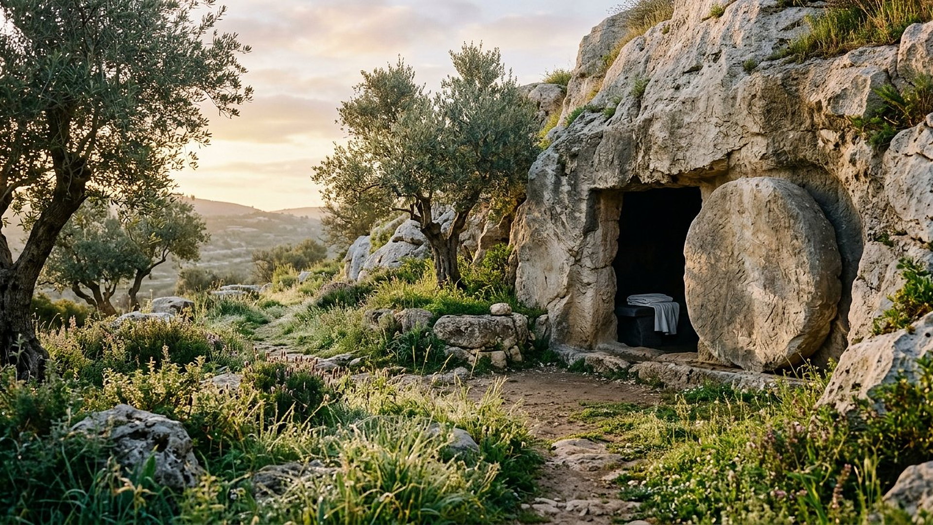 Tombeau antique taillé dans le roc au lever du soleil, grande Pierre ronde écartée de l’entrée, linge plié dans l’ombre, oliviers