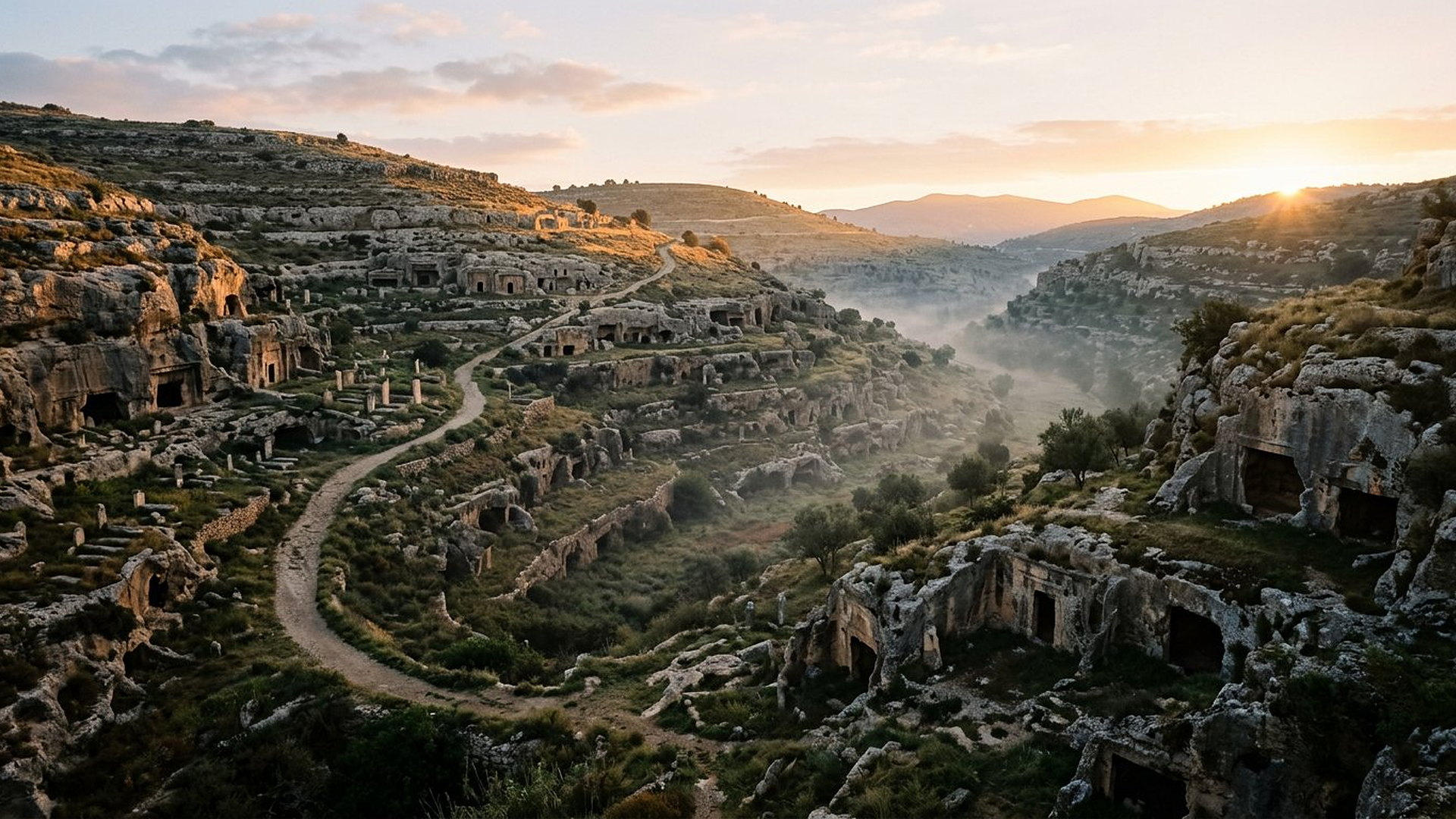 Vallée de tombes antiques taillées dans le roc au lever du soleil, brume se levant entre les collines