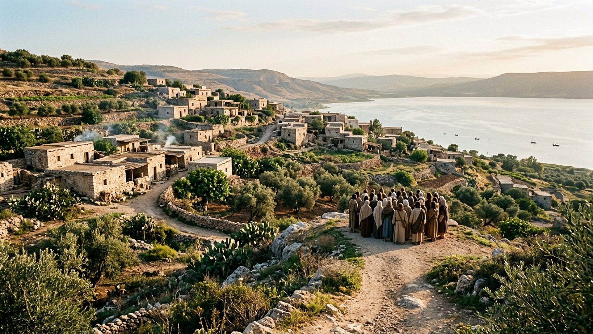 Village de Galilée en terrasses au bord du lac, petite foule villageoise de dos sur un chemin de collines au matin