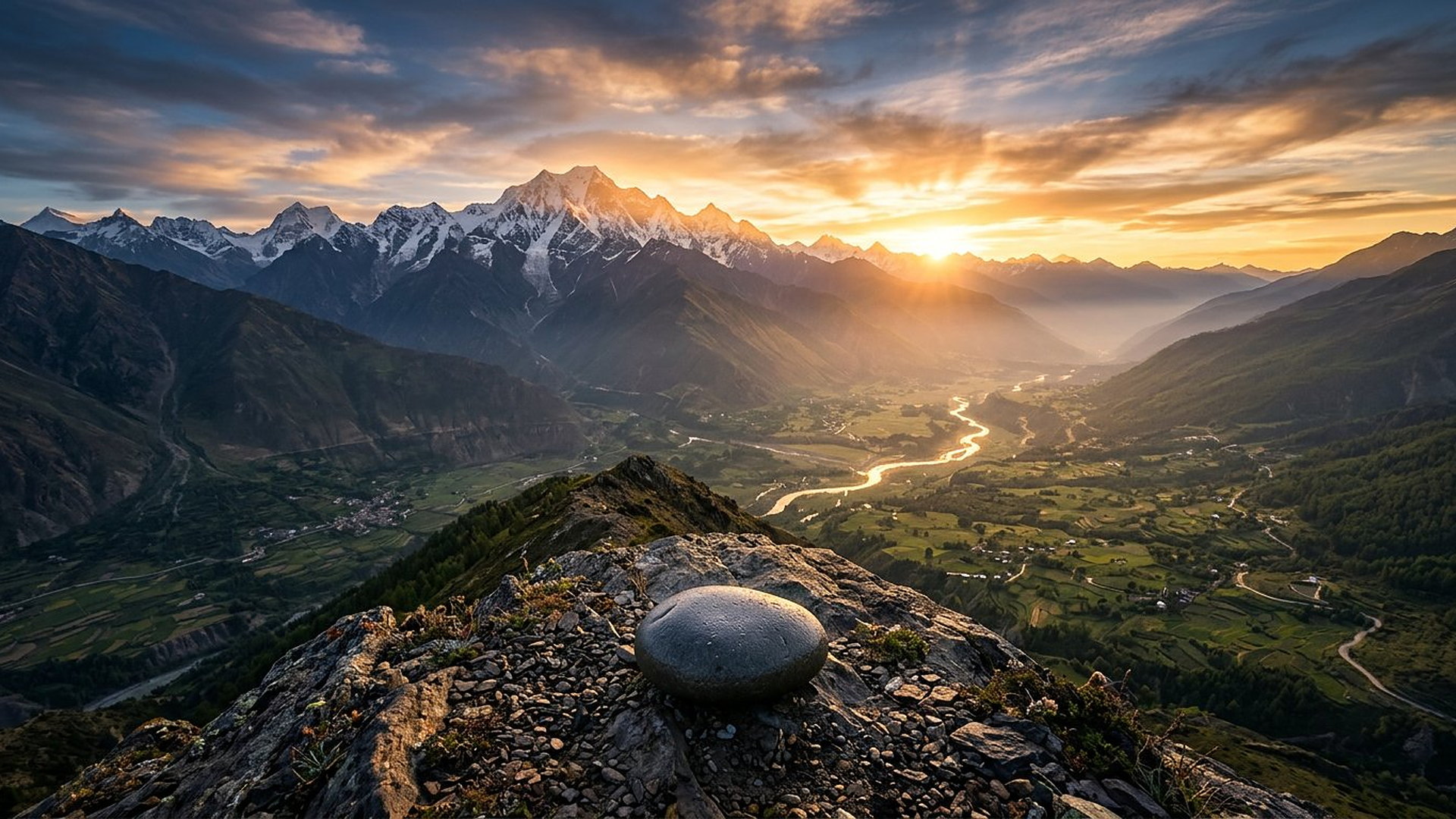 Petite Pierre lisse au premier plan face à une immense montagne dorée au soleil levant, vallée fertile et rivière en contrebas