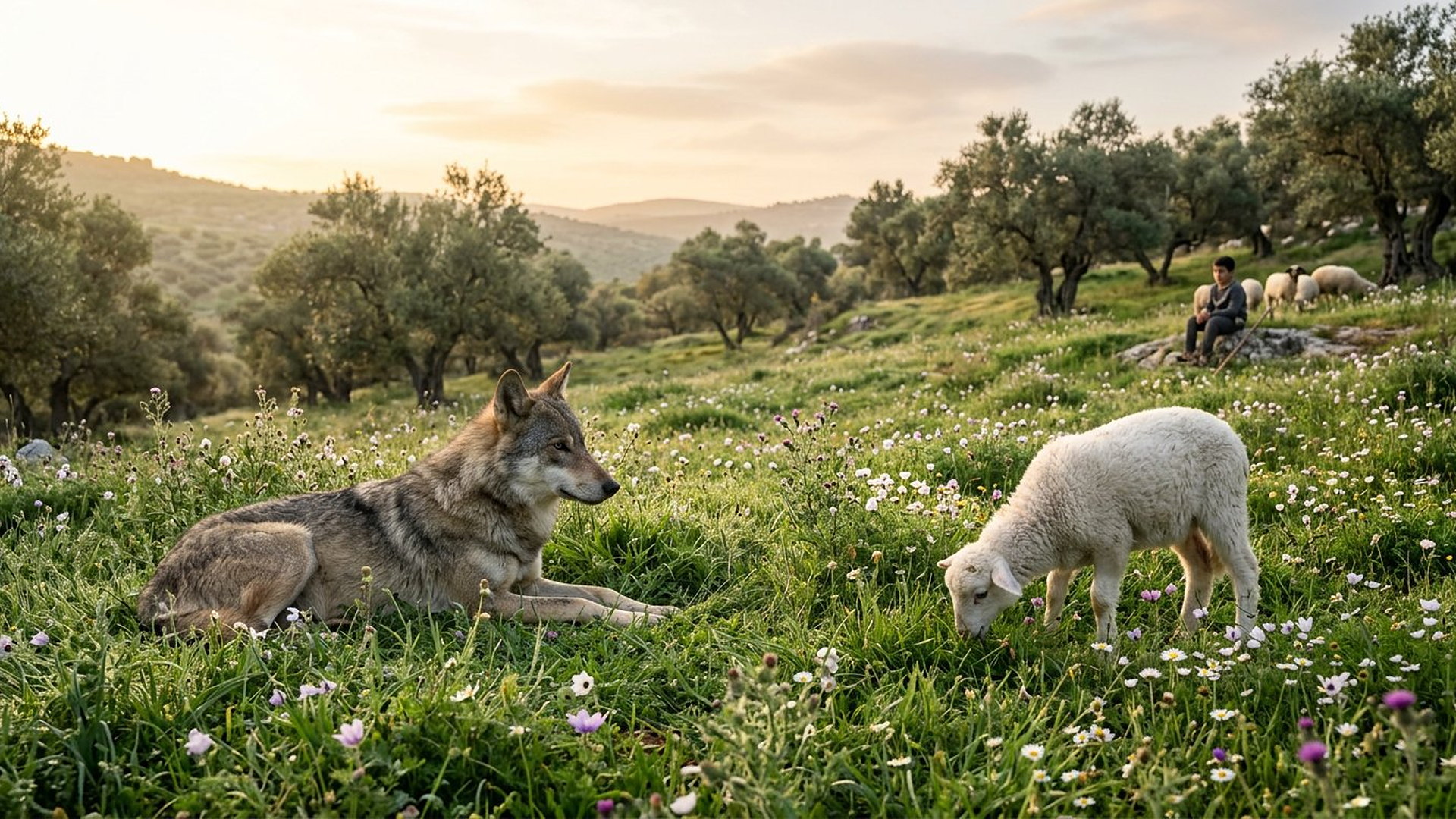 Loup couché paisiblement dans une prairie fleurie à quelques mètres d’un agneau qui broute, oliviers et collines au matin