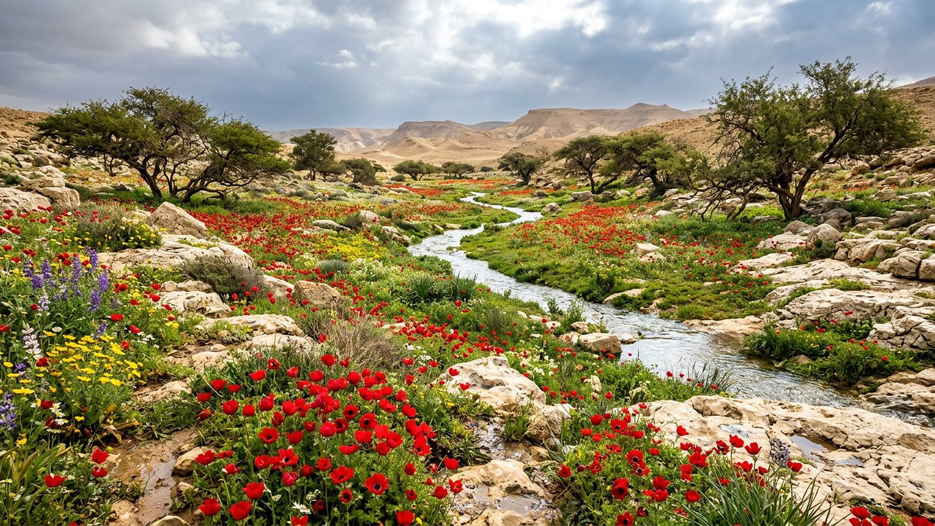 Vallée désertique en fleurs après la pluie : tapis d’anémones rouges, ruisseau clair entre les rochers, acacias et collines sableuses au loin