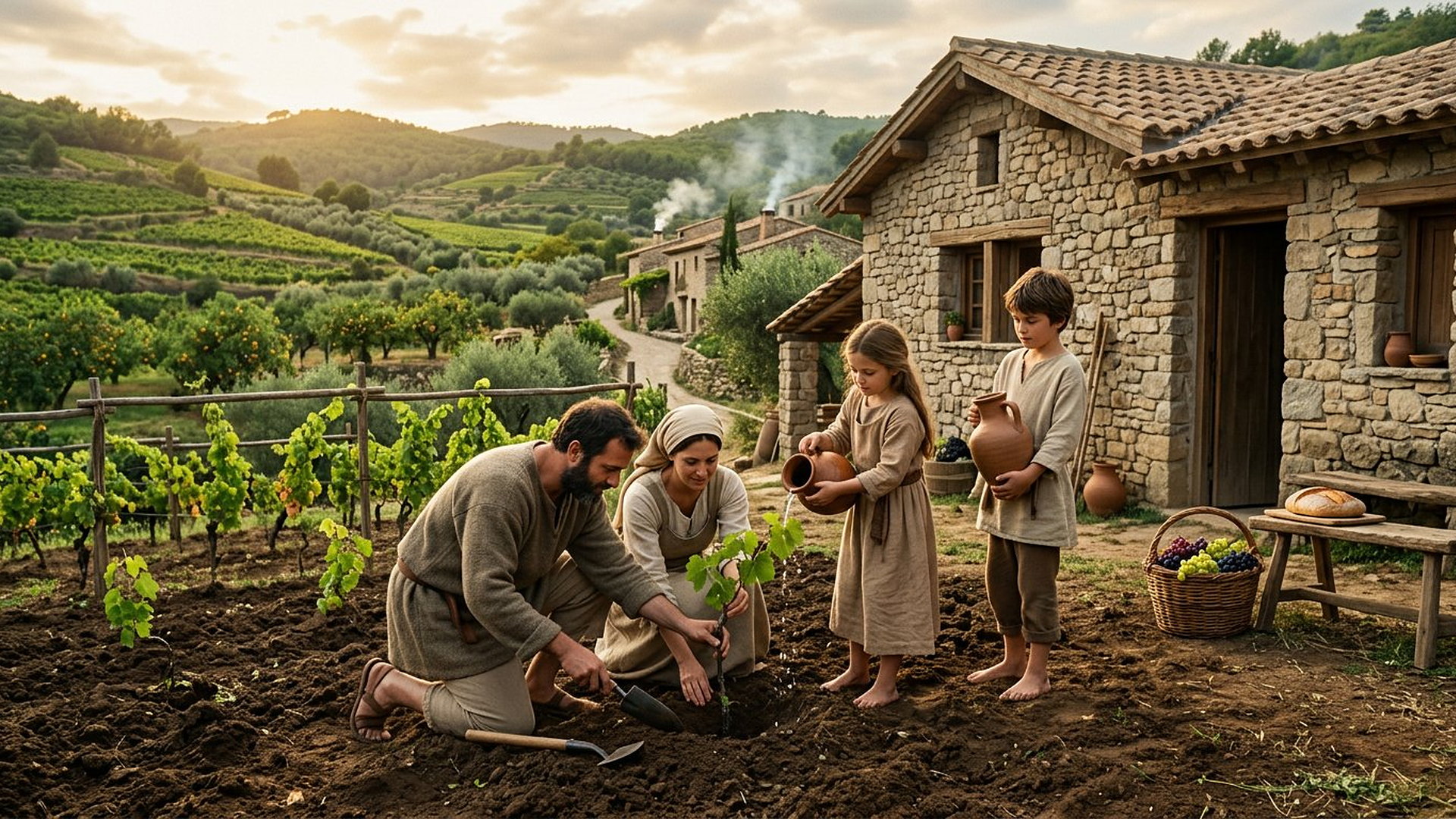 Famille plantant une jeune vigne devant sa maison de Pierre, enfants portant des cruches, collines verdoyantes en terrasses