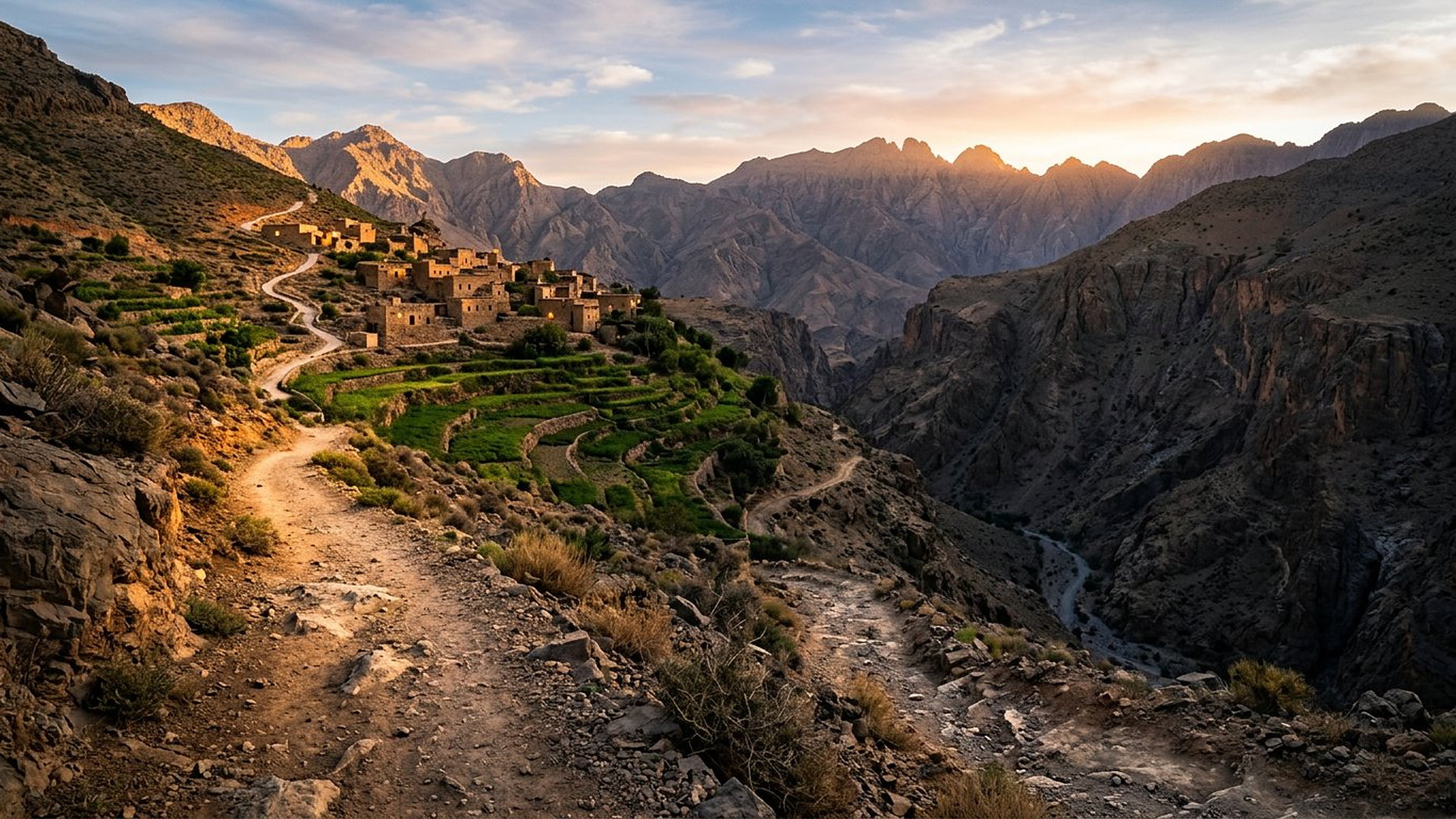 Deux sentiers divergeant dans une vallée à l’aube : l’un vers des terrasses vertes et un village, l’autre descendant vers un ravin sec et ombragé