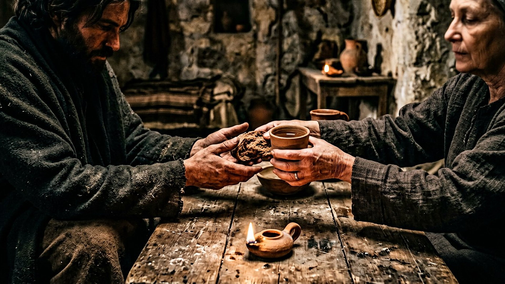 Mains offrant pain et coupe d’eau à un voyageur fatigué sur une table de bois, lampe à huile dans une maison de Pierre