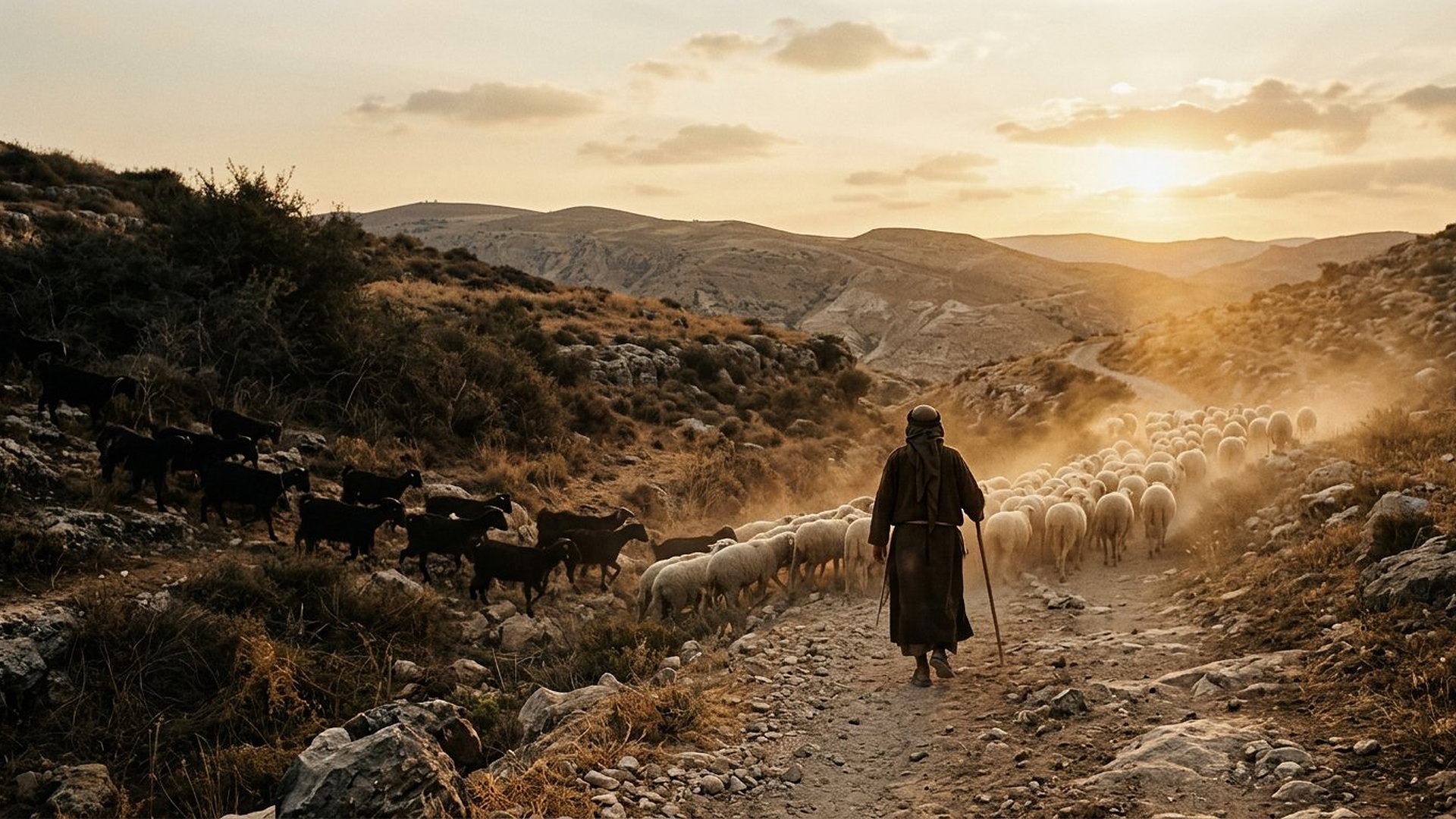 Berger de dos séparant son troupeau au coucher du soleil : brebis blanches à droite sur le sentier, boucs noirs à gauche dans les broussailles