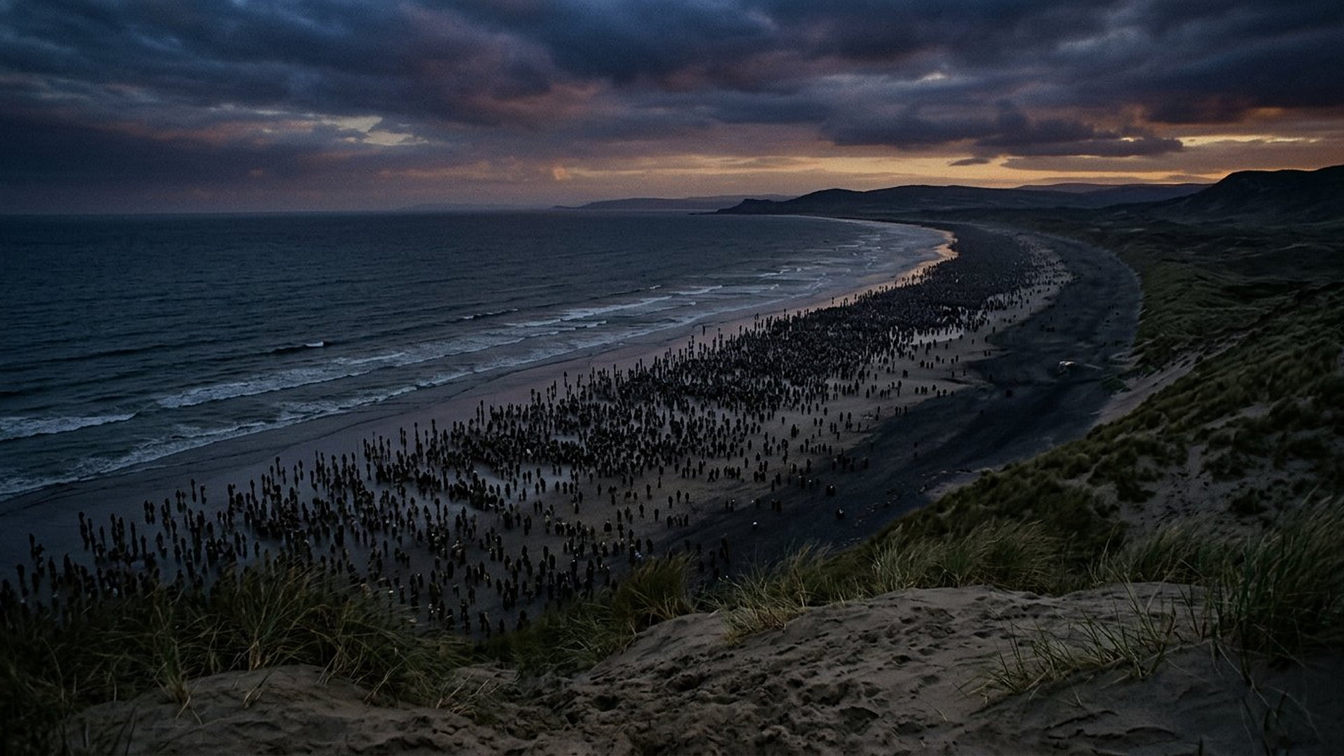 Foule immense et lointaine couvrant un rivage au crépuscule, silhouettes innombrables le long de la mer sous un ciel sombre