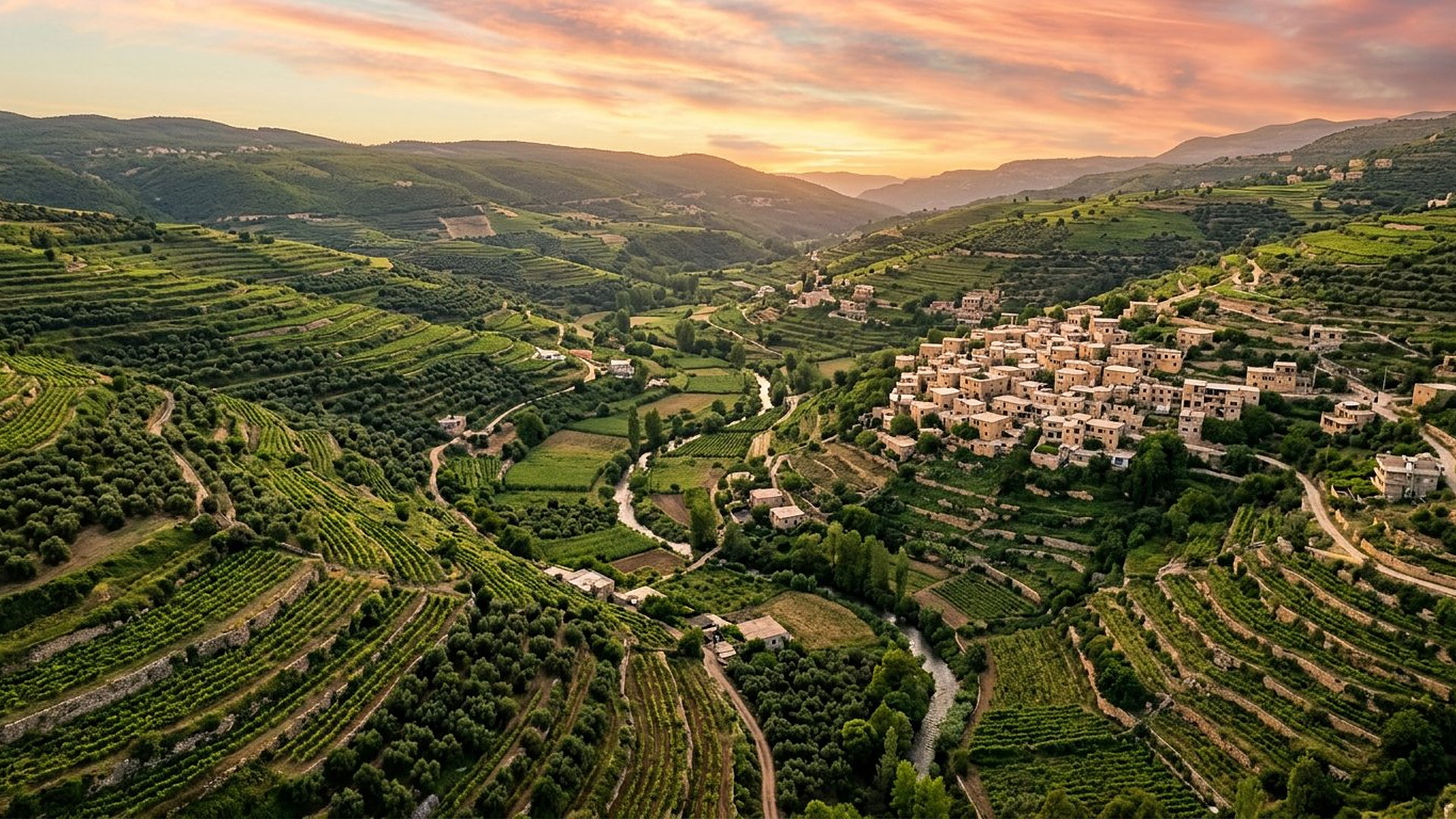 Vallée paisible en terrasses avec villages de Pierre, vignes, rivière et familles revenant des champs au soir