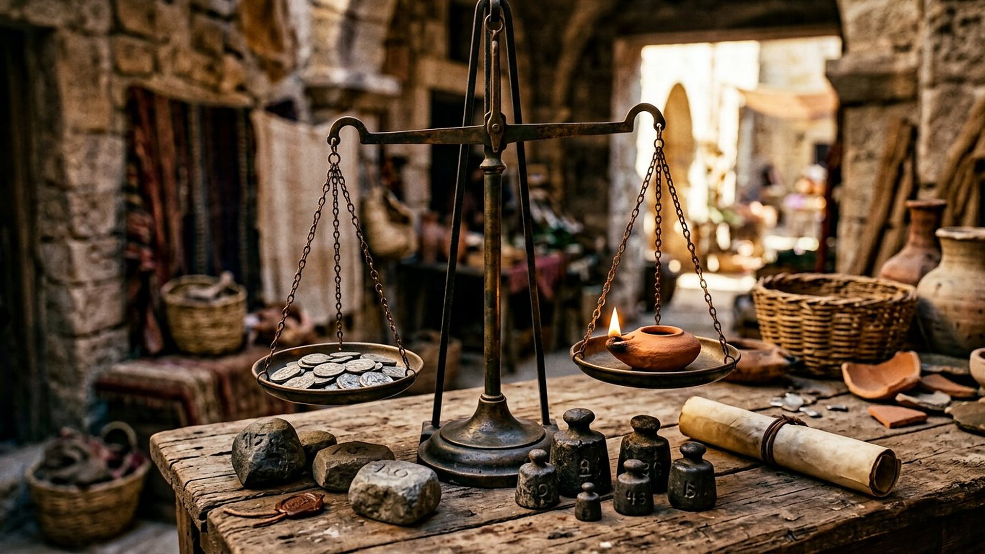 Balance antique en bronze à plateaux équilibrés sur un comptoir de marché : pièces d’argent d’un côté, lampe à huile allumée de l’autre, poids de Pierre et rouleau