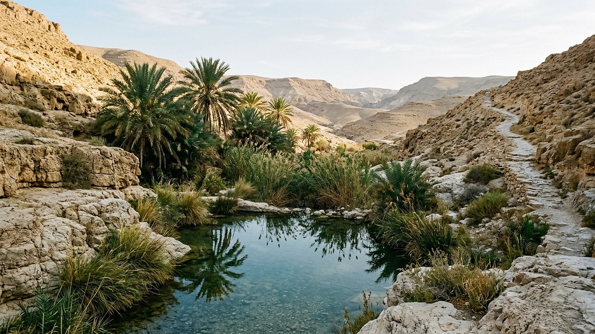Source claire entre rochers et palmiers dans un wadi, sentier de Pierre s’éloignant vers les collines arides