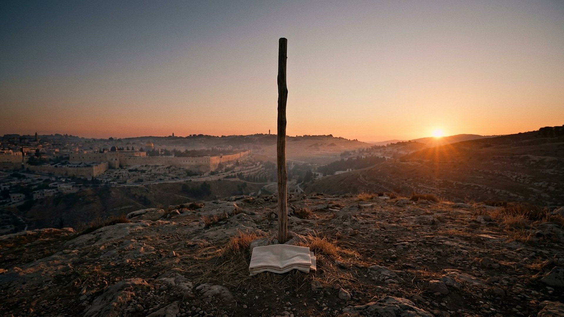 Poteau vertical unique et vide sur une colline au lever du soleil, linge plié à sa base, Jérusalem ancienne dans la brume au loin