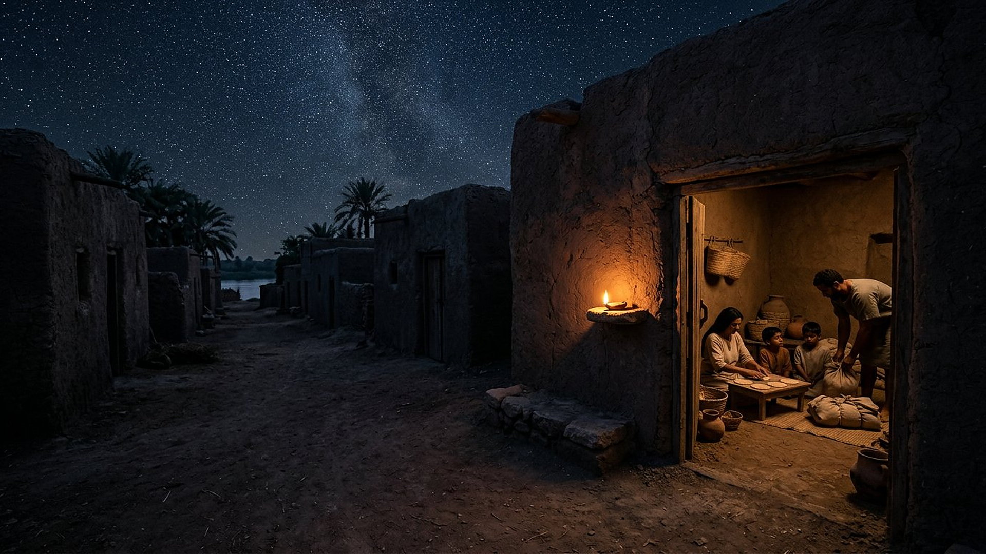 Nuit étoilée sur un village de maisons de terre près du Nil, famille préparant pains sans levain et baluchons à la lueur d’une lampe