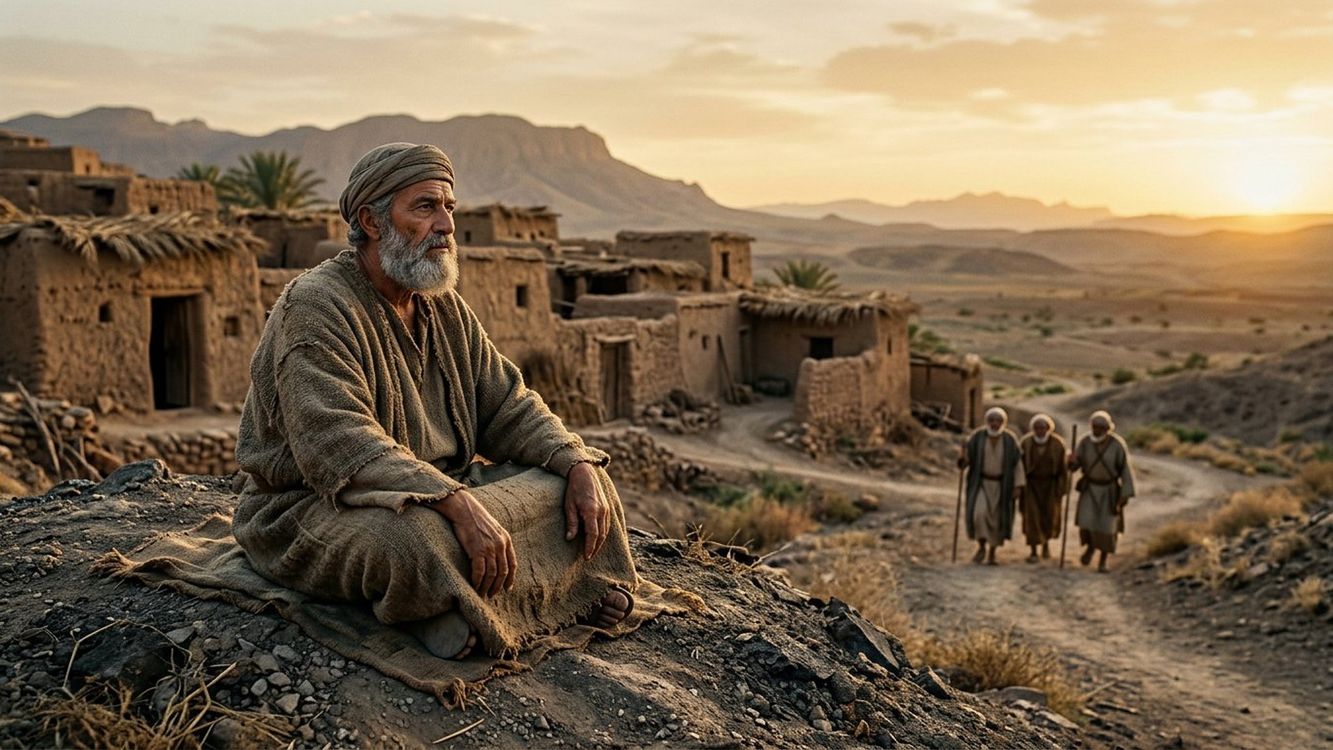 Homme âgé à barbe grise en habit usé, assis dignement sur un monticule de cendres devant des maisons de terre au couchant, trois amis approchant au loin