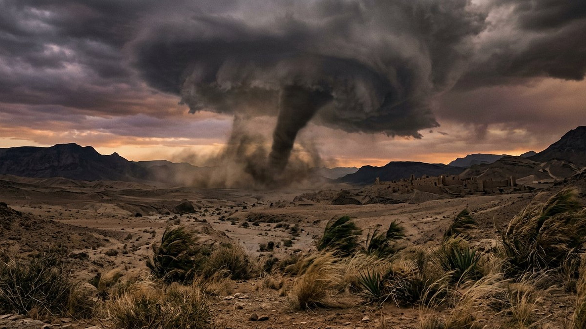 Ouragan sombre et tourbillon de poussière au-dessus d’une vallée désertique ancienne au crépuscule, herbes couchées par le vent