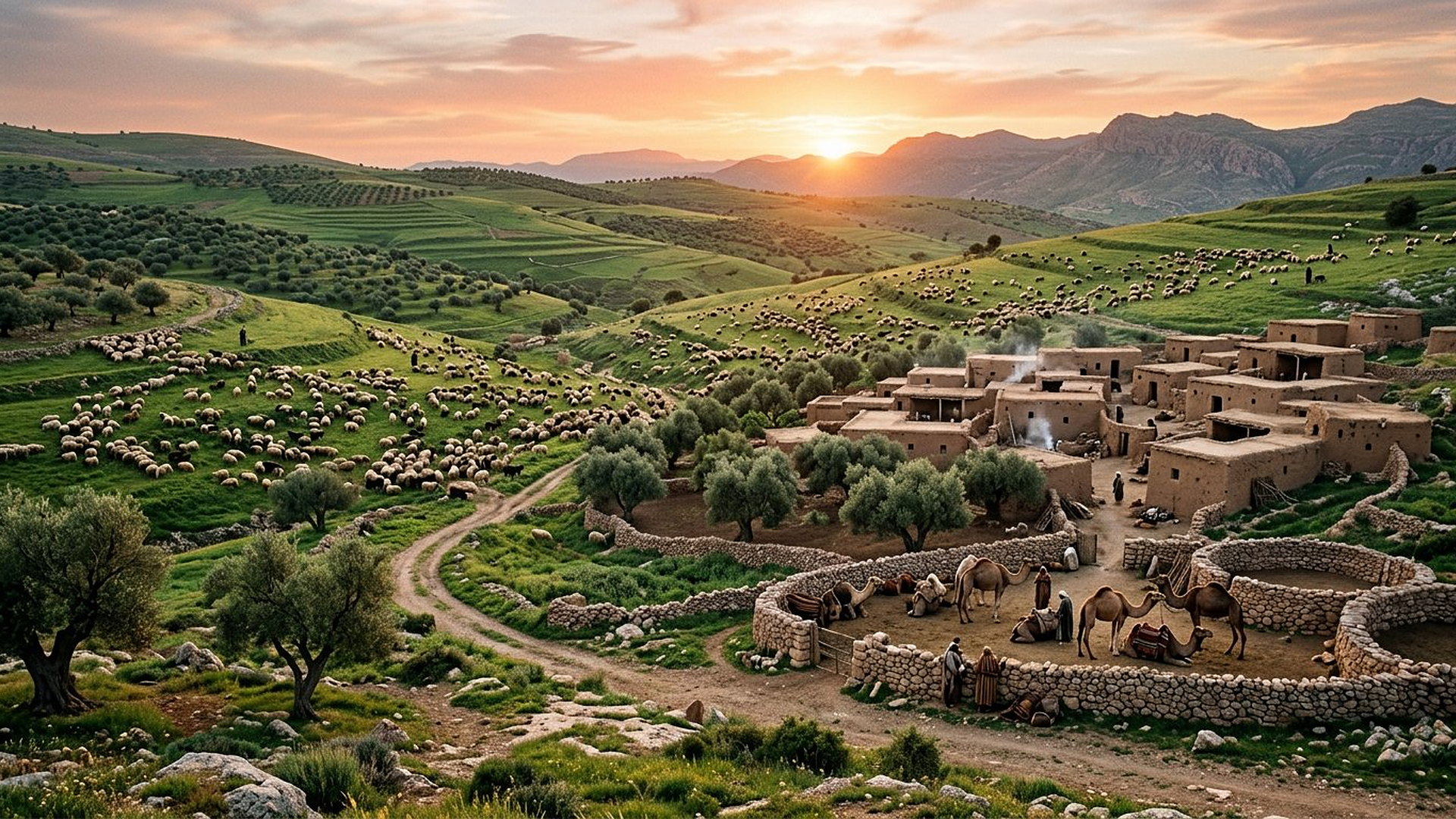 Grands troupeaux de moutons et de chèvres et chamelles près d’enclos de Pierre dans des collines verdoyantes à l’aube, maisons de terre et oliviers