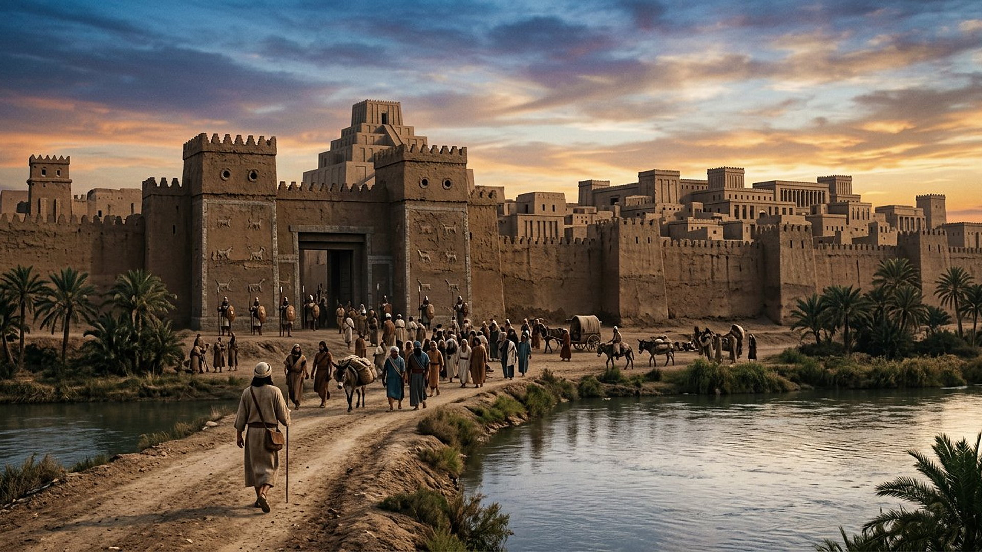 Portes et hautes murailles de briques de Ninive au bord d'un fleuve à l'aube, voyageurs et marchands en habits assyriens, messager hébreu au premier plan