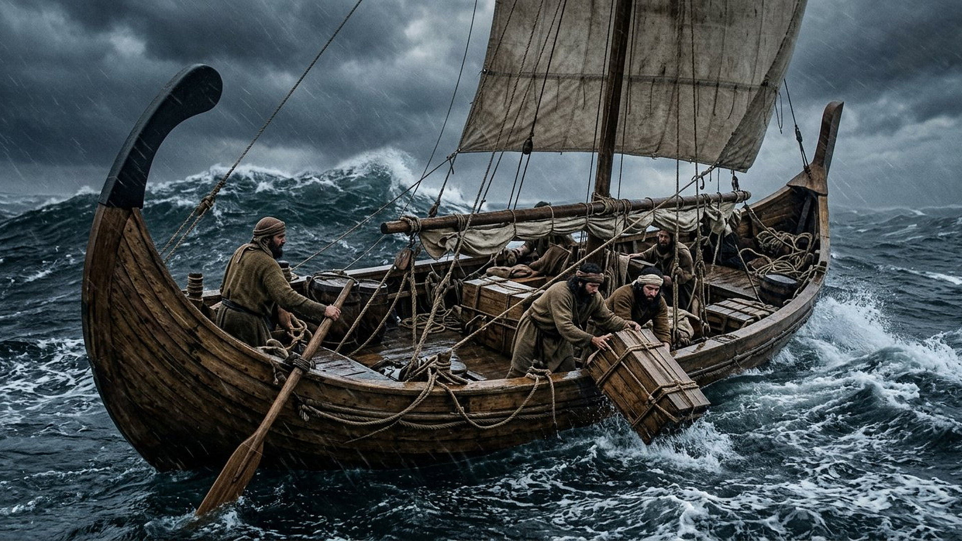 Navire marchand levantin ancien dans une tempête, marins en tuniques jetant des caisses de cargaison par-dessus bord sous la pluie