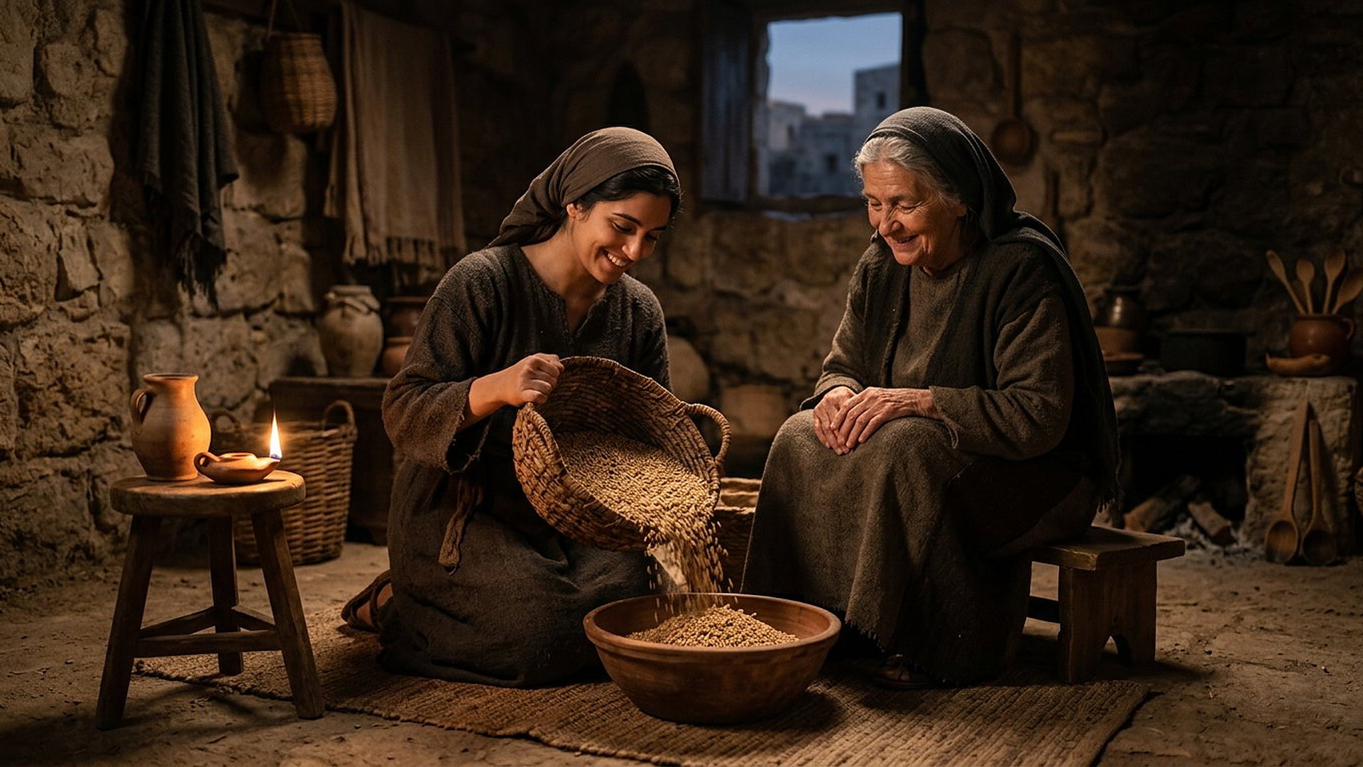 Jeune femme versant le grain glané d'un van d'osier dans une grande coupe de bois devant sa belle-mère âgée, dans une maison de Pierre éclairée par une lampe à huile