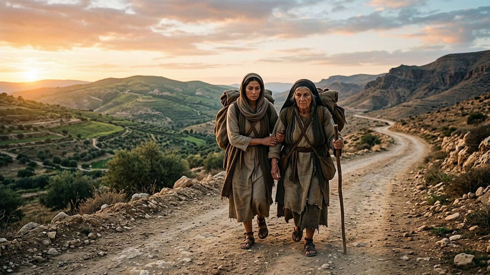 Deux femmes antiques, une âgée soutenue par une plus jeune, marchant au lever du soleil sur une route de collines entre Moab et les collines vertes de Judée