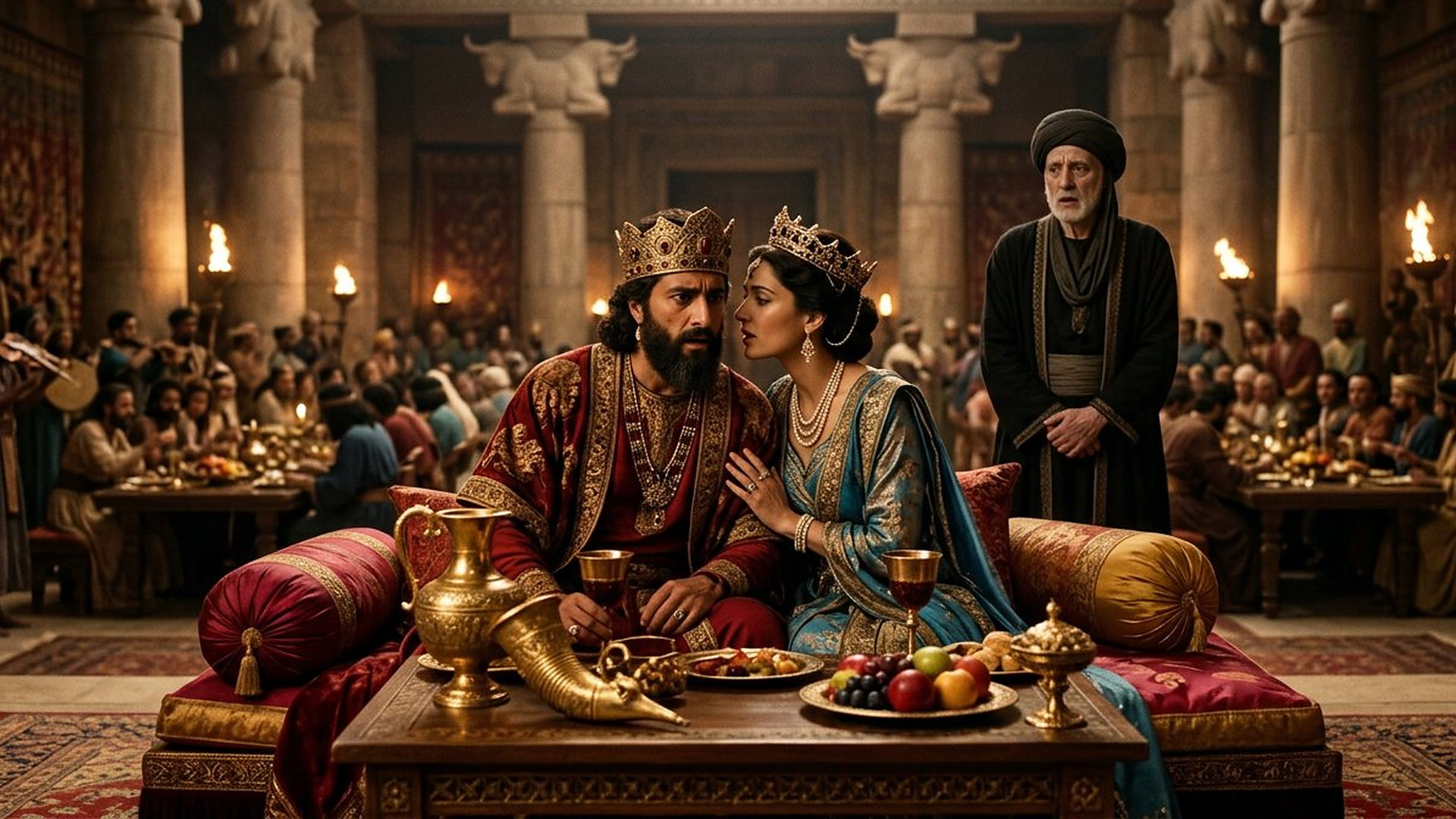 Banquet royal perse, la reine se penchant vers le roi à une table basse aux vases d'or, Haman debout et pâle en arrière-plan dans une salle à frises émaillées